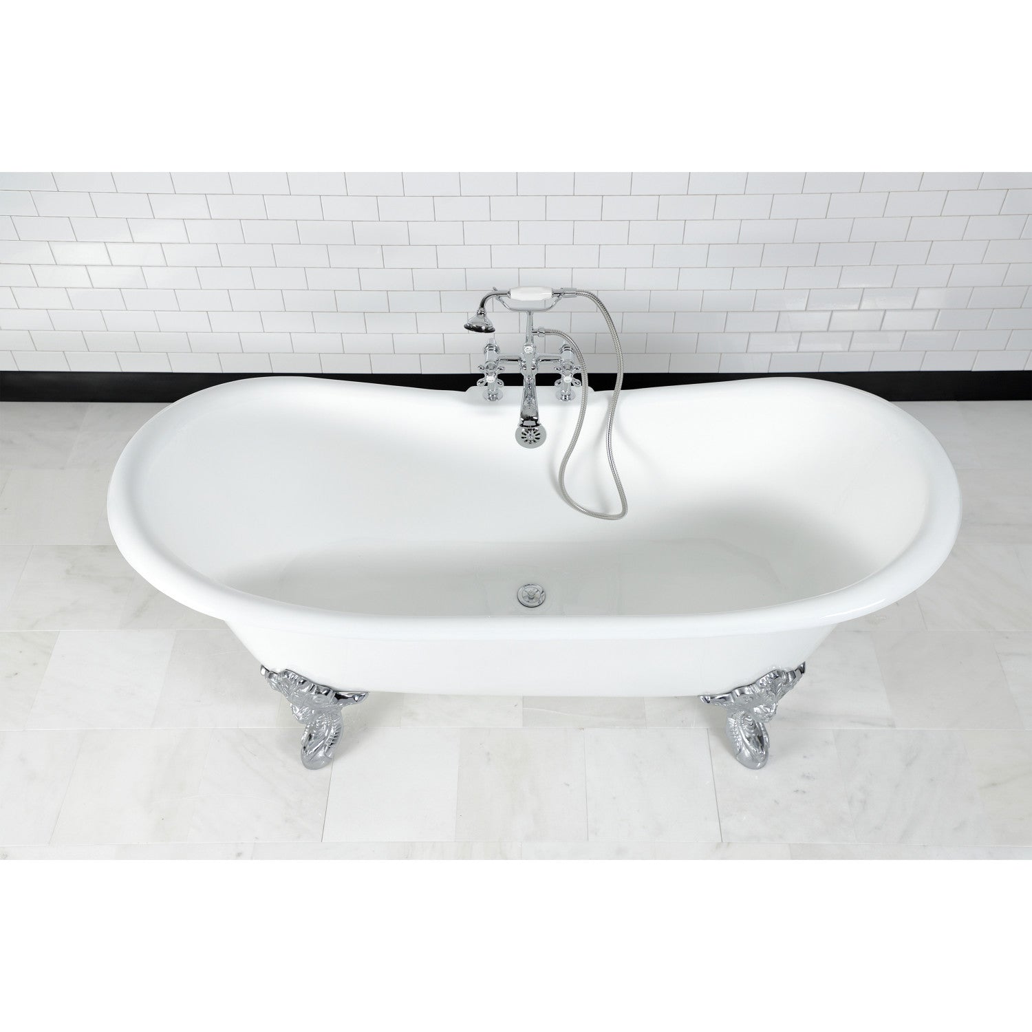 72 Inch White Cast Iron Clawfoot Bathtub with Polished Chrome Faucet - Oval Double Slipper Design for Vintage Bathroom & Luxury Spa Retreats