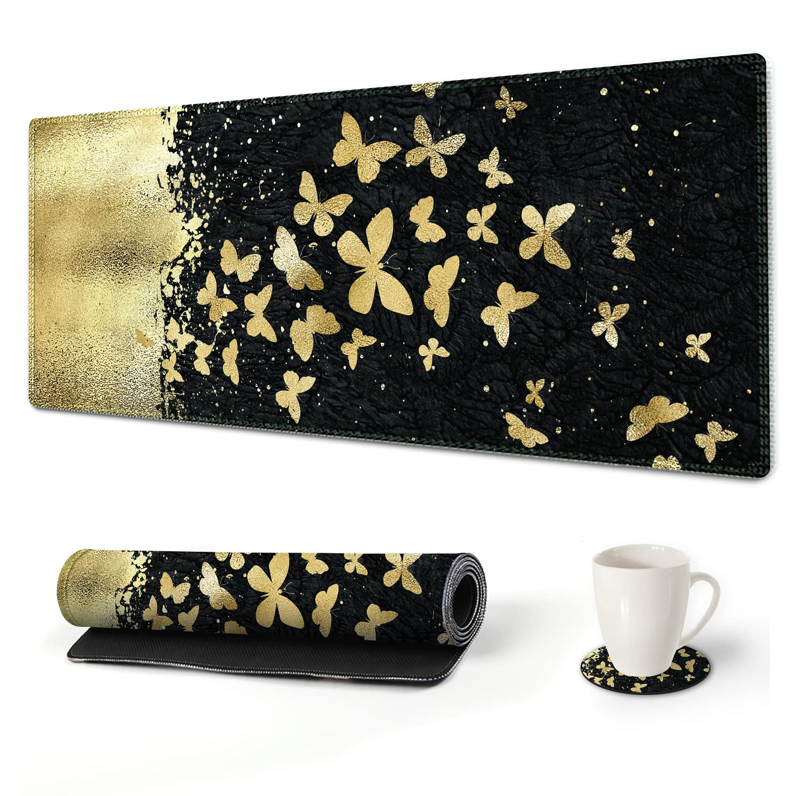 Van Gogh Inspired Large Gaming Mouse Pad - 35.1 x 15.7 Inch Extended Keyboard Mat with Stitched Edges, Non-Slip Base & Coaster - Perfect for PC Gaming, Office Work & Home Decor (Golden Butterfly Design)