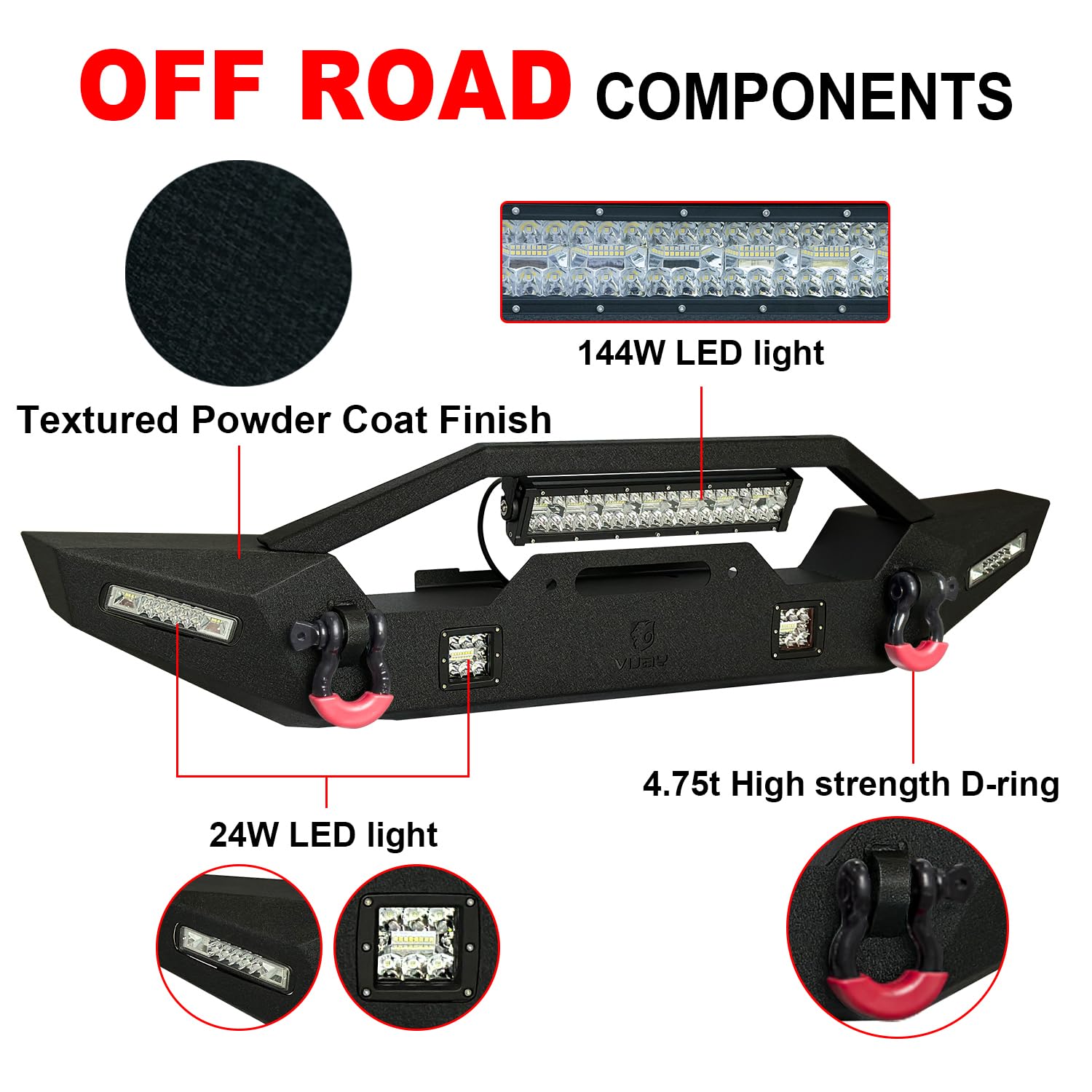 Wrangler TJ Front Bumper 97-06 | Heavy Duty Rock Crawler Off Road Bumper with Winch Plate, 5 LED Lights & 2 D-Rings | Textured Black Finish | Perfect for Jeep Wrangler TJ Trail Riding & Off-Road Adventures