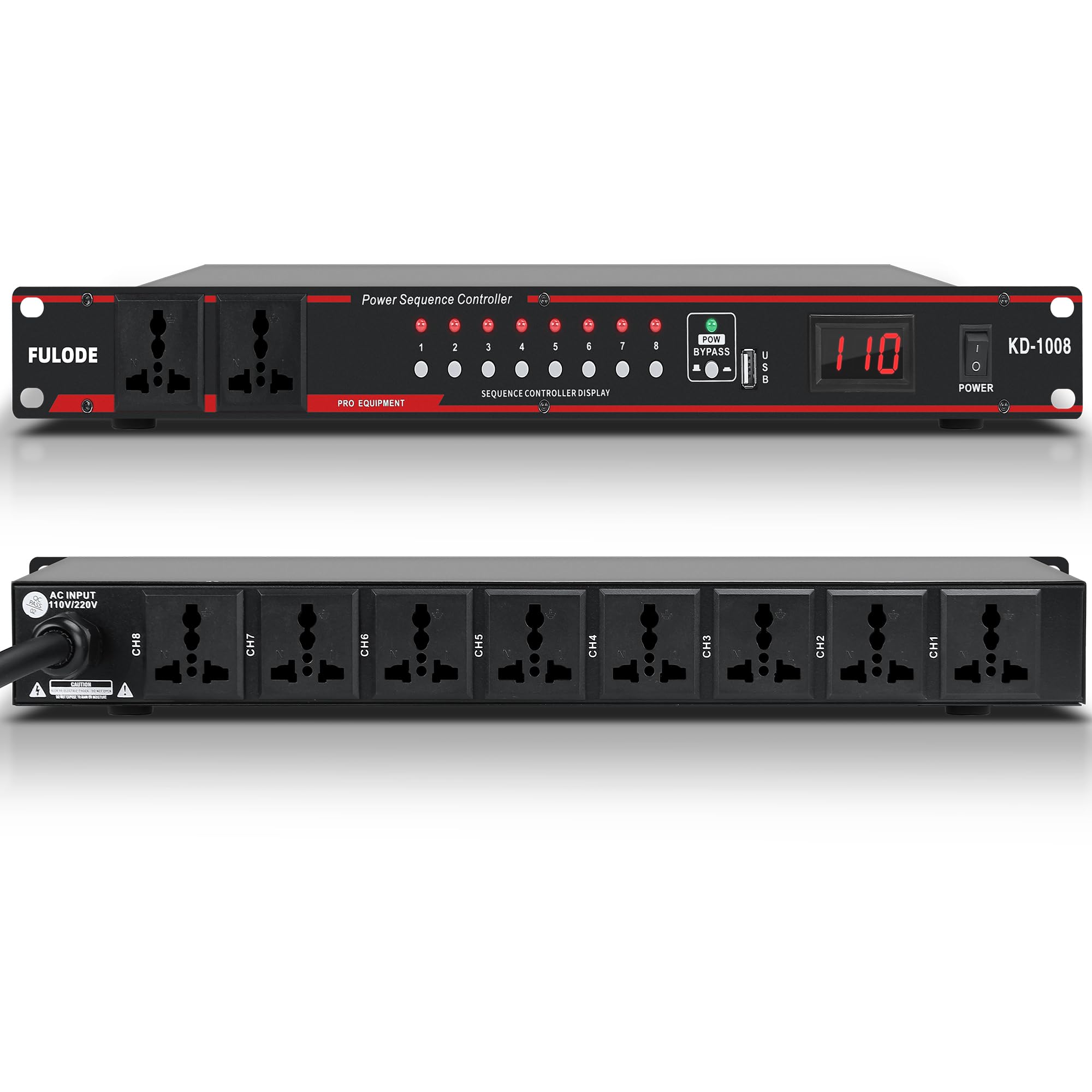 10-Outlet Rack Mount Power Conditioner with 8 Independent Switches, Voltage Regulator & Surge Protector - Audio/Video Equipment Power Strip with USB & Voltage Readout for Home Theater, Studio & Server Racks (KD-1008)