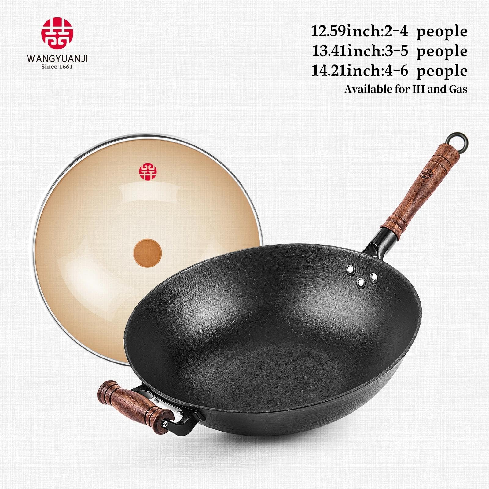 WANGYUANJI 12.59 Inch Cast Iron Wok with Glass Lid - Flat Bottom Uncoated Skillet for Gas, Electric & Induction Cooktops - Healthy Stir Fry Pan for Asian Cooking, Sautéing & Deep Frying