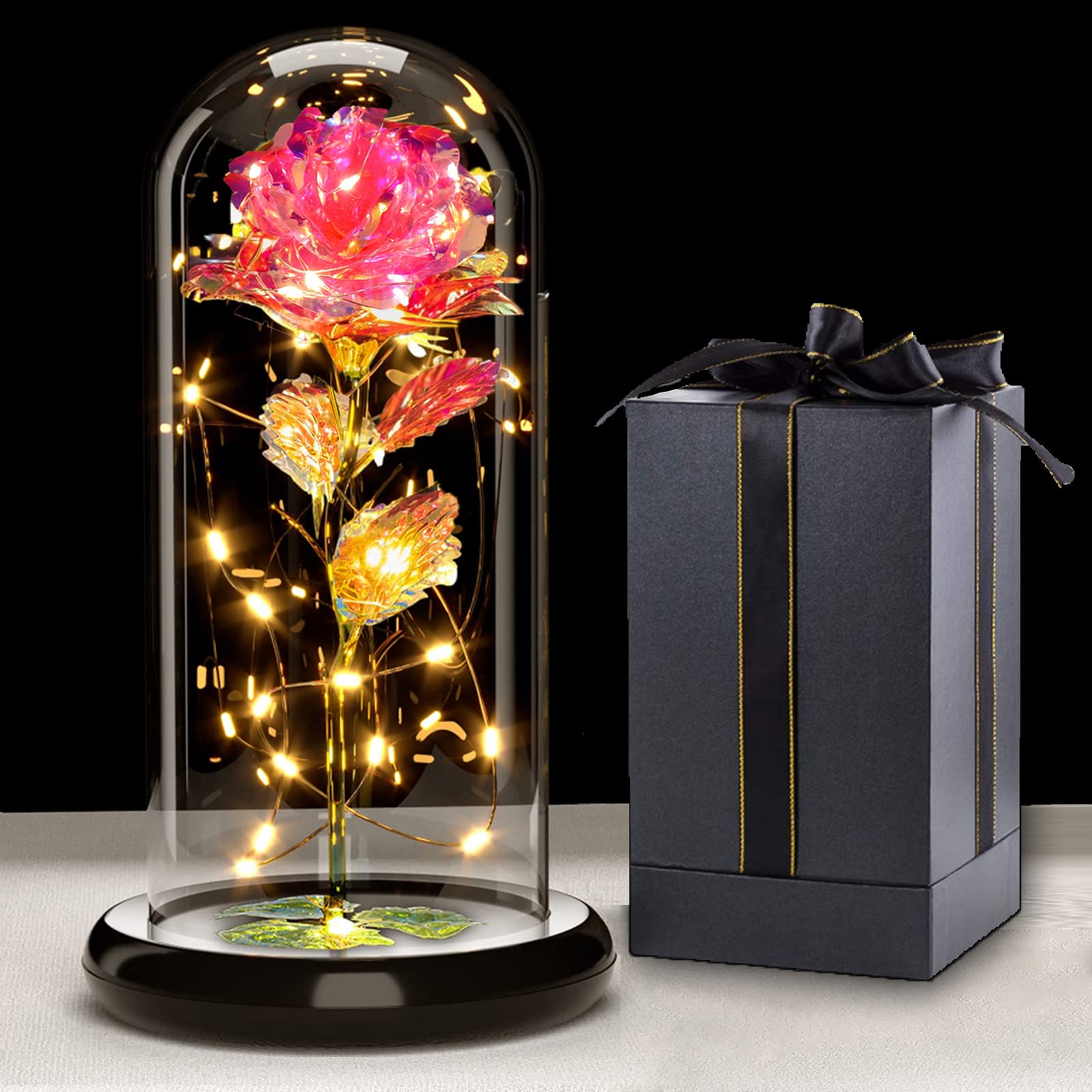 Eternal Rose Under Glass Dome - Valentine's Day Gift for Her, Galaxy Rose with LED Lights, Artificial Flower Gift for Women, Mom, Mother, Grandma - Perfect for Mother's Day, Wedding, Anniversary, Home Decor, Romantic Proposal, Bedroom Centerpiece