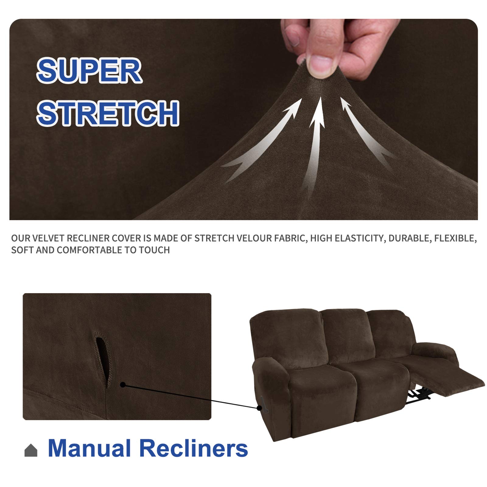 MAXIJIN 8-Piece Stretch Velvet Recliner Sofa Covers Set - Soft Washable Slipcovers for 3-Cushion Reclining Couches (Dark Coffee) - Perfect for Living Room, Home Theater & Family Room Furniture Protection