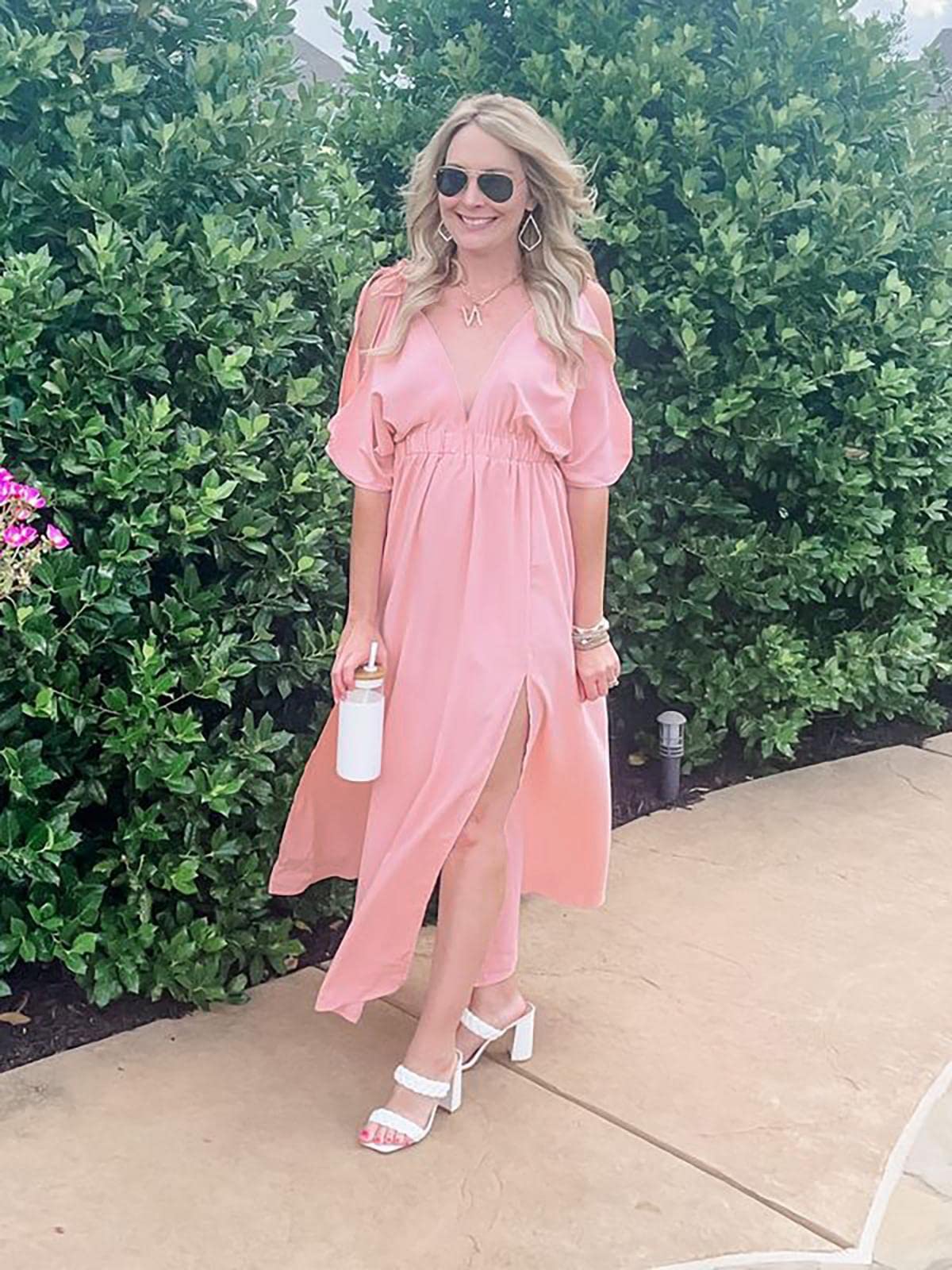 DEEP SELF Women's Summer V-Neck Cold Shoulder Short Sleeve Maxi Dress - High Waist Flowy Split Long Dress for Wedding Guest, Beach Vacation & Date Night