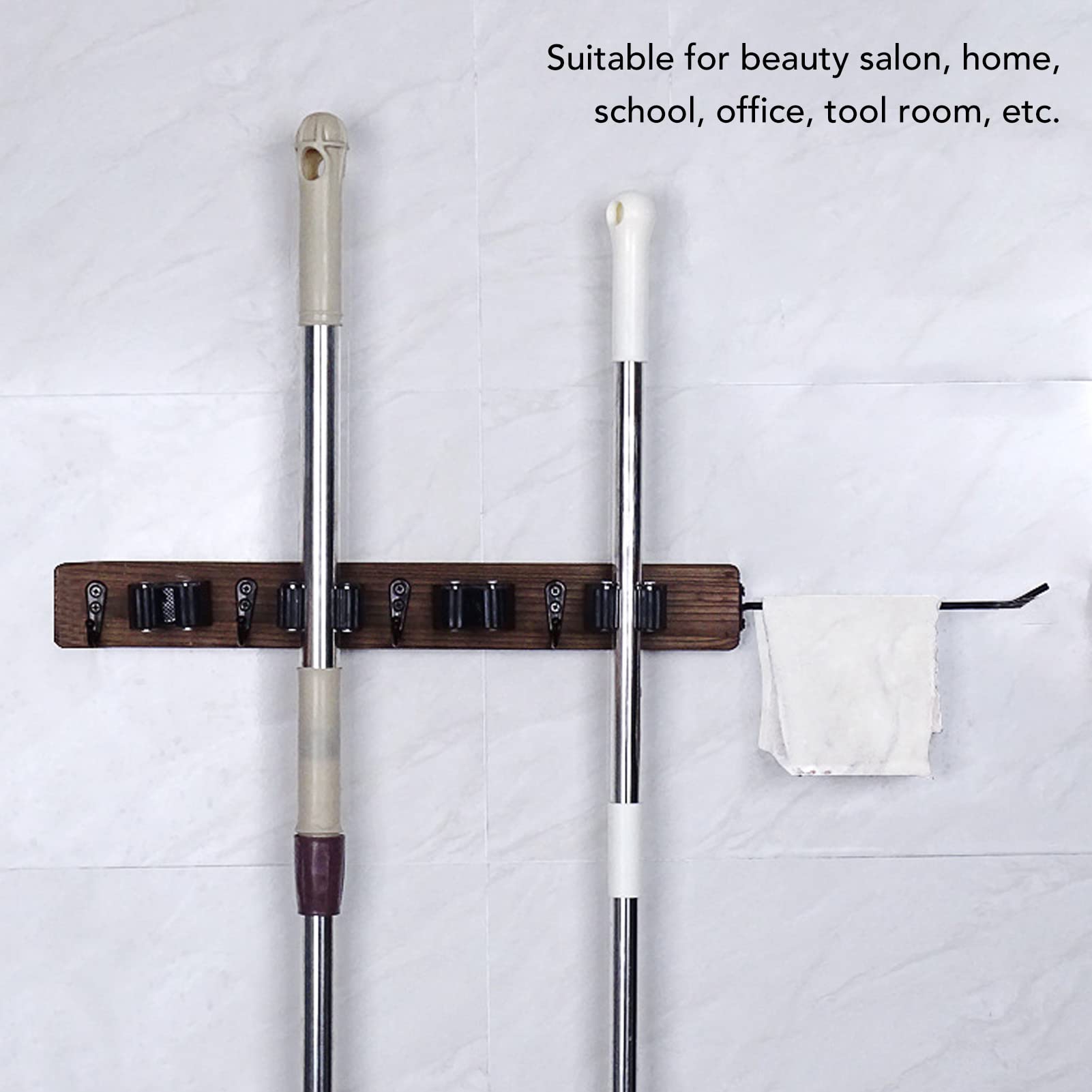 POTRUWE Wall Mount Broom Holder - Heavy Duty Metal Mop Hanger with 4 Racks & 4 Hooks for Laundry Room Organization - Space Saving Utility Rack for Brooms, Mops, Cleaning Tools (Perfect for Garage, Closet & Home Storage)