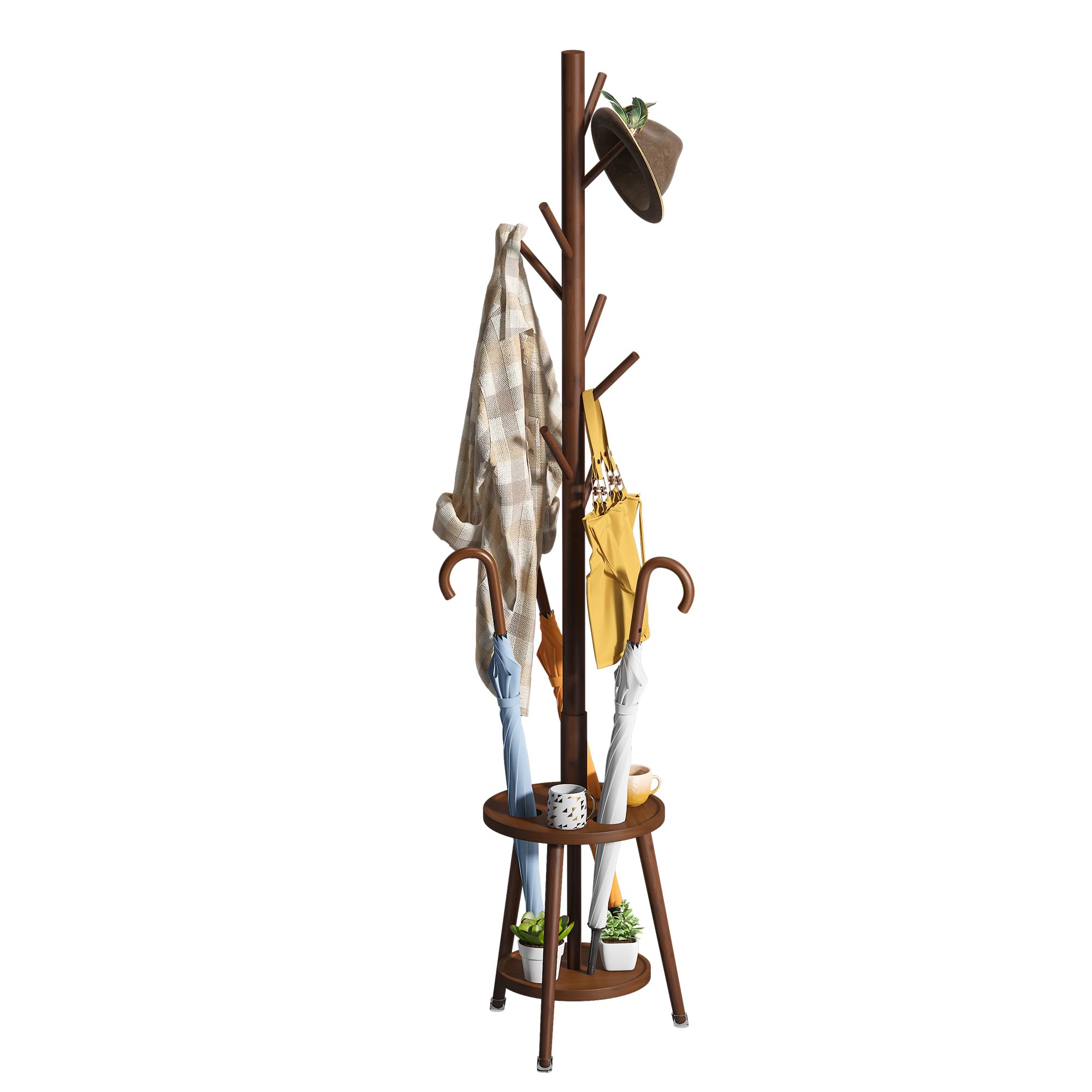 Freestanding Bamboo Coat Rack with 8 Hooks & Umbrella Tray - Space Saving Entryway Organizer for Coats, Bags, Hats & Accessories - Perfect for Hallway, Bedroom or Office Storage (Brown)