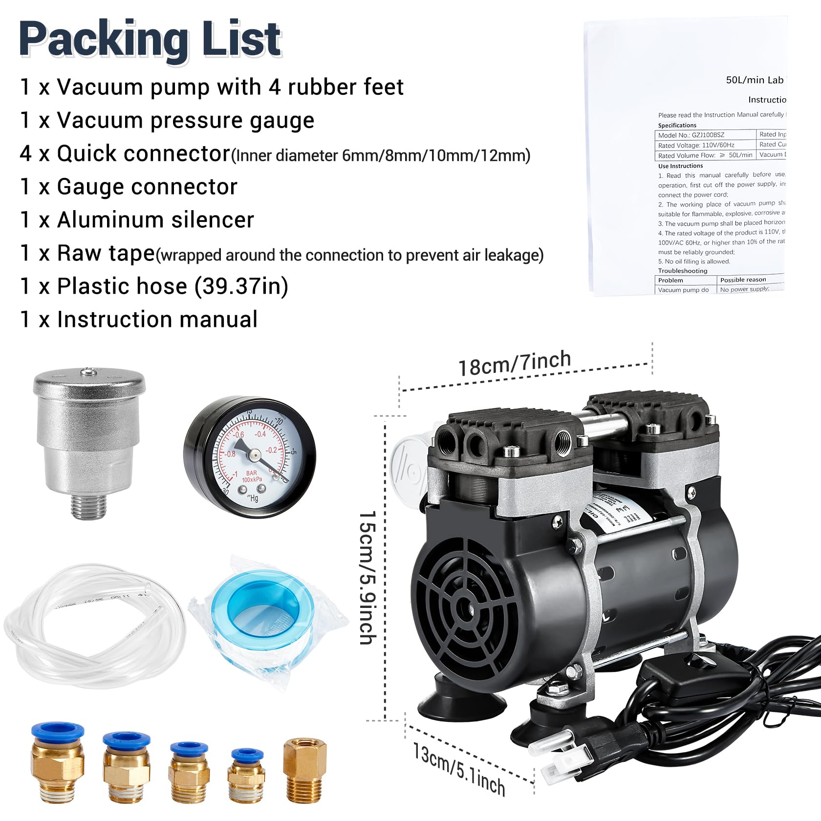 50L/Min Oilless Vacuum Pump with Switch, Vacuum Meter & Silencer - 6m PTFE Tape Included | Ideal for Lab Equipment, Electronics, Aquarium Maintenance & HVAC Applications