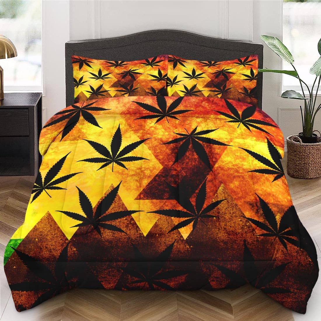 2-Piece Twin Size Comforter Set - Vintage Marijuana Leaf Design Soft Bedding for Adults & Teens, Luxury Gradient Duvet Cover with Pillowcases - Perfect for Bohemian Bedroom Decor & Dorm Room Essentials