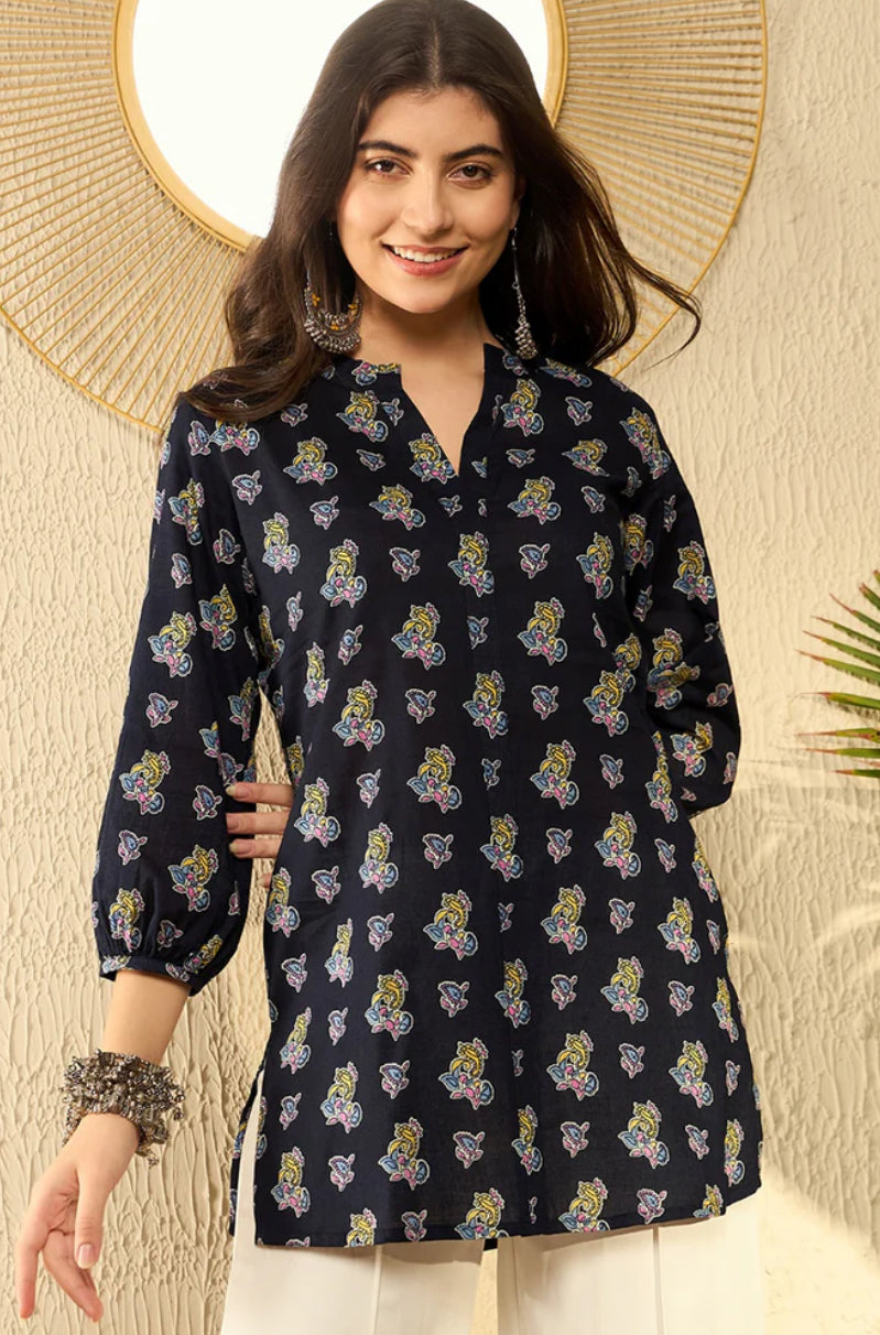 Navy Blue Cotton Blend Tunic Top for Women - Soft Casual Long Shirt with Side Slits - Perfect for Work, Weekend Outfits & Layering