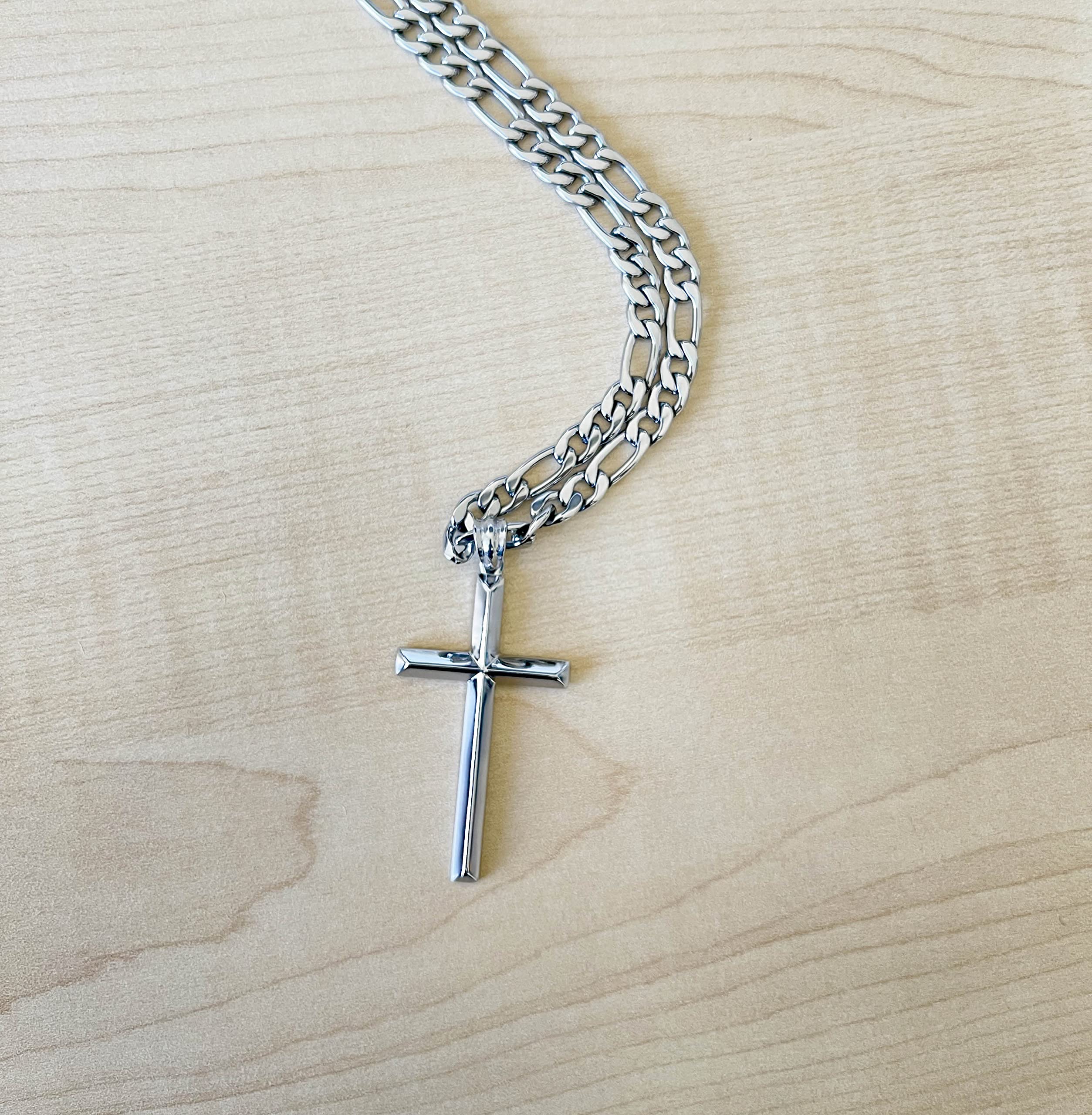 14K White Gold Figaro Chain Cuban Link Style Cross Pendant Necklace for Men - Solid Plated Clasp, Diamond Cut Religious Beveled Edge - Perfect Gift for Husband, Father, Birthday, Anniversary & Religious Occasions