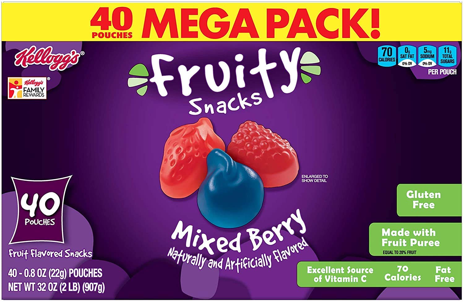 Gluten Free & Fat Free Mixed Berry Fruity Snacks - 32 Oz (40 Pouches) | Healthy On-The-Go Snack for Kids Lunch, Office & Travel
