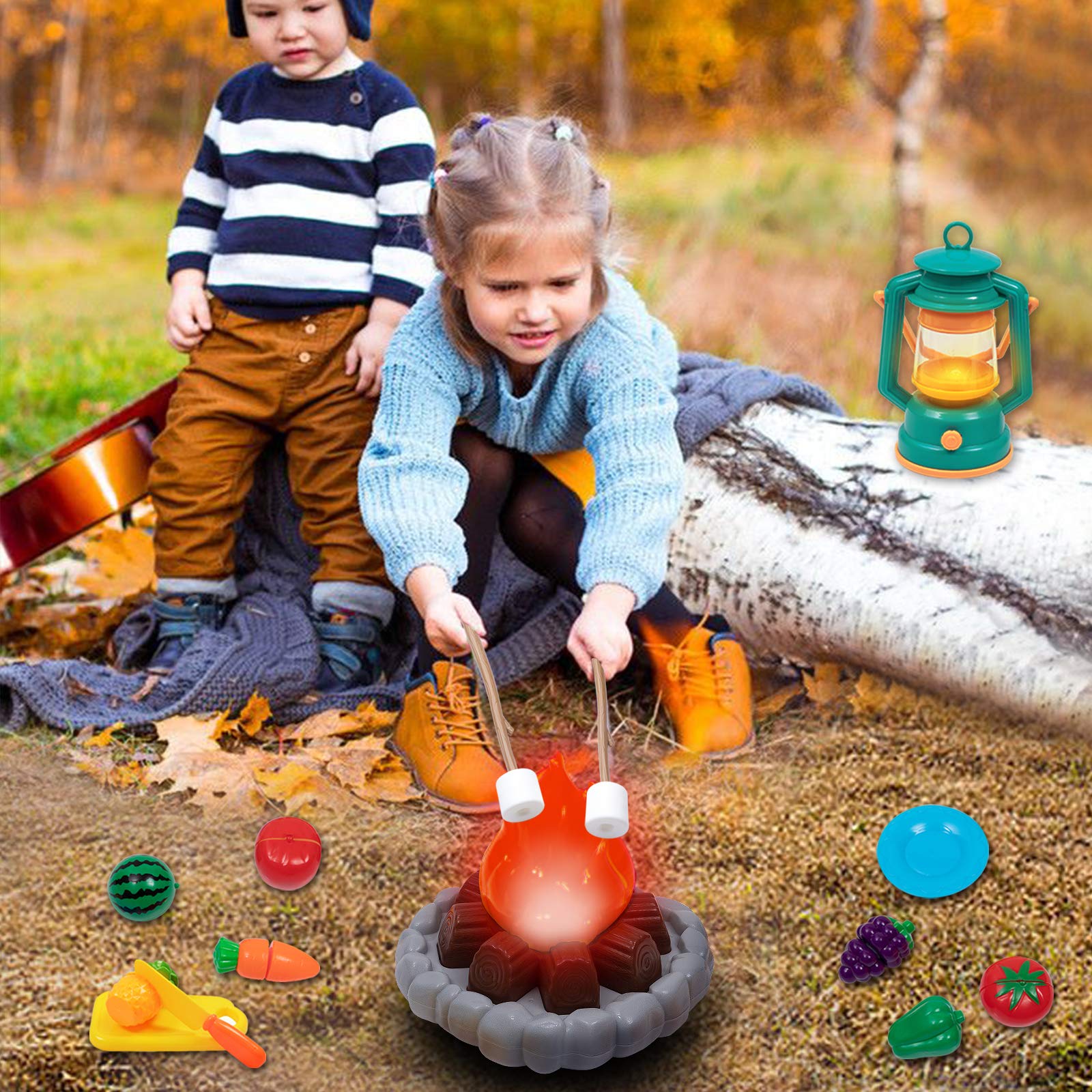 MITCIEN Pretend Camping Toys Play Set for Kids - Campfire, Play Food, Oil Lantern, Cutting Fruits & Vegetables, S'Mores - Educational Outdoor & Indoor Pretend Play Toys for Toddlers (Perfect for Backyard Camping, Playdates & Imaginative Play)