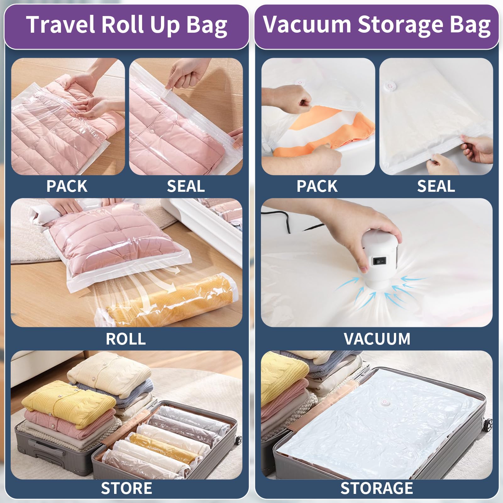 25 Pack Vacuum Storage Bags with Electric Air Pump - 5 Jumbo/5 Large/5 Medium/5 Small/5 Roll Up Bags | Space Saving Vacuum Seal Bags for Clothes, Travel, Luggage, Blankets, Bedding & Moving | Perfect for Home Organization, Seasonal Storage & Travel Packing
