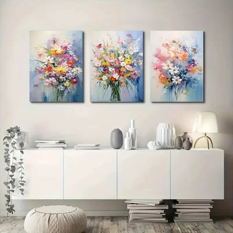 3-Piece Abstract Daisy Poppy Metal Wall Art - Ready to Hang Canvas Prints for Living Room, Bedroom & Office Decor