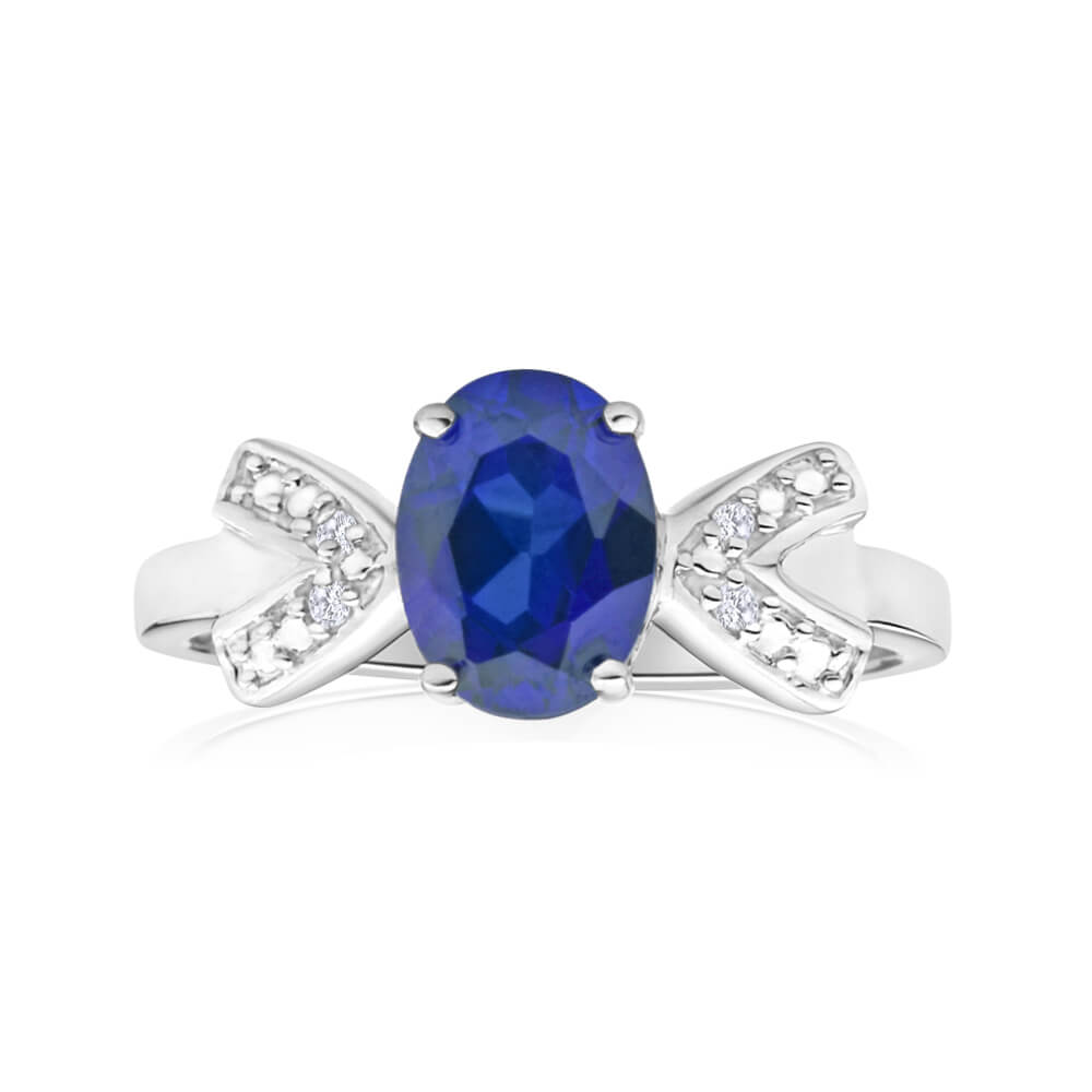 9ct White Gold Oval Created Sapphire & Diamond Ring for Women - Elegant Engagement, Wedding, Anniversary Gift for Her
