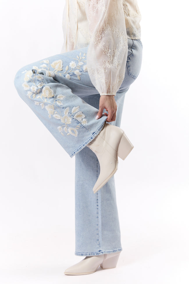 Daisy Light Wash Floral Embroidered Wide Leg Jeans for Women - High Waisted Comfort Denim Pants - Perfect for Casual Outfits, Spring Fashion & Boho Style