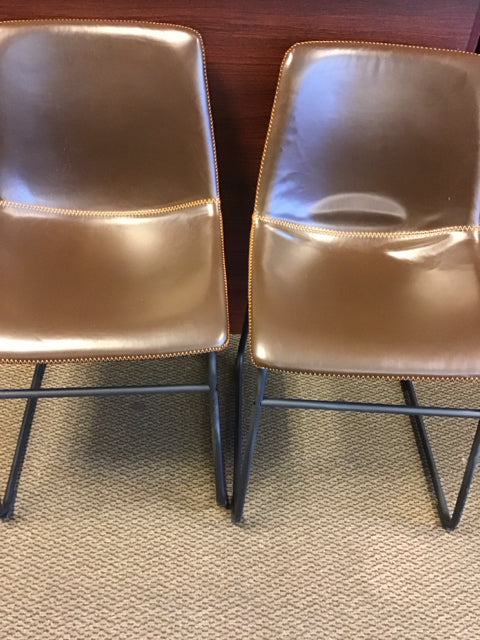Pair of Brown Stitched Vinyl Chairs - Modern Faux Leather Dining Chairs for Kitchen, Dining Room, or Office - Comfortable & Durable Seating Solution