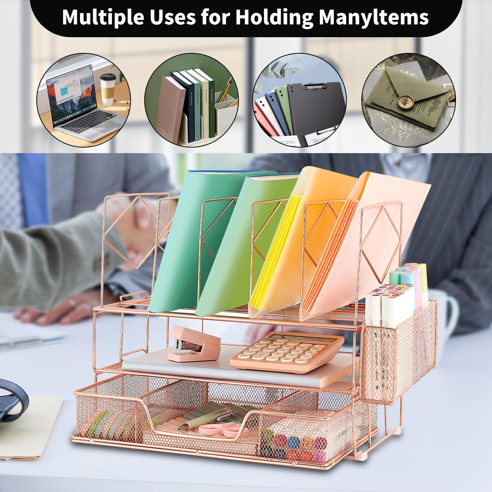 Youbetia Rose Gold Desk Organizer with Drawer - Office Supplies for File Organization, Double Tray & 5 Upright Sections - Perfect for Home Office, Workspace & School Organization Accessories