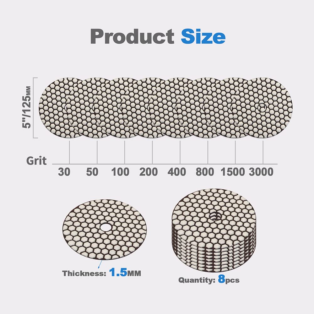 Premium 8-Piece 5-Inch Dry Diamond Polishing Pads Set (#30-#3000 Grit) for Granite, Marble & Ceramic - Compatible with Angle Grinders & Polishers - Perfect for Countertop, Floor & Tile Restoration Projects