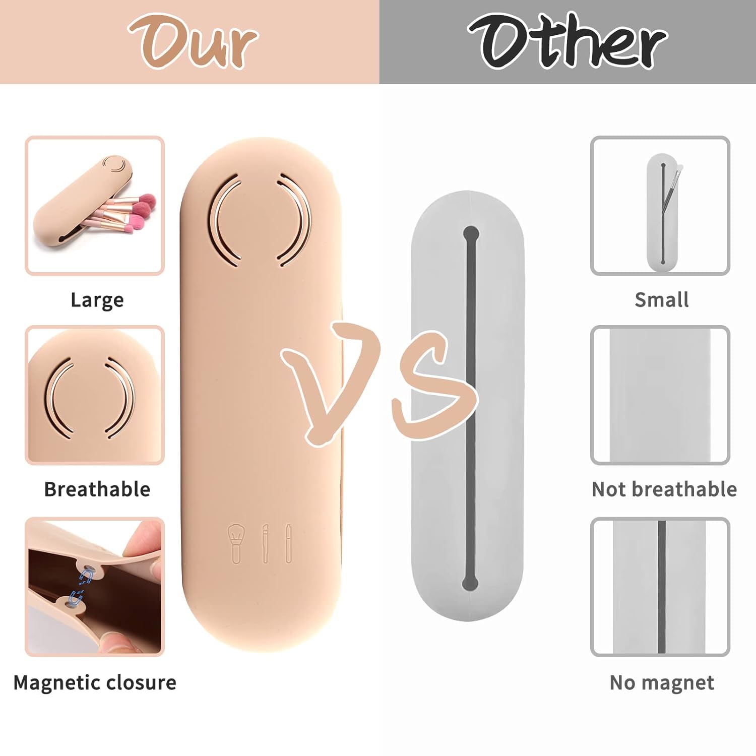 Khaki Makeup Brush Holder Bag - Silicone Travel Cosmetic Organizer with Blender Case | Portable Makeup Storage for Brushes & Sponges | Perfect for Travel, Home Vanity & On-the-Go Touchups