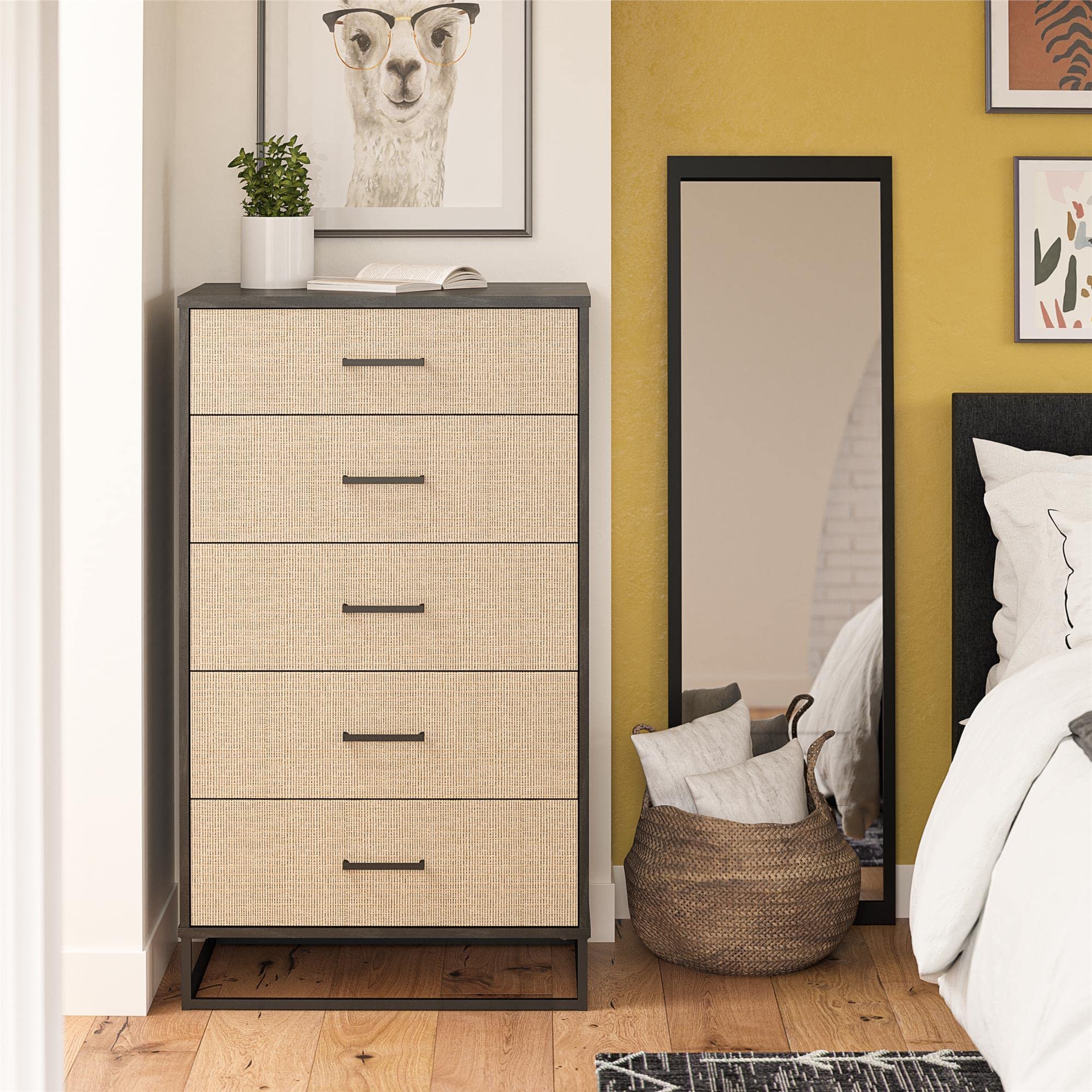 Novogratz Kelly 5-Drawer Dresser - Faux Rattan & Black Oak Finish - Modern Bedroom Storage Furniture for Home Organization & Decor