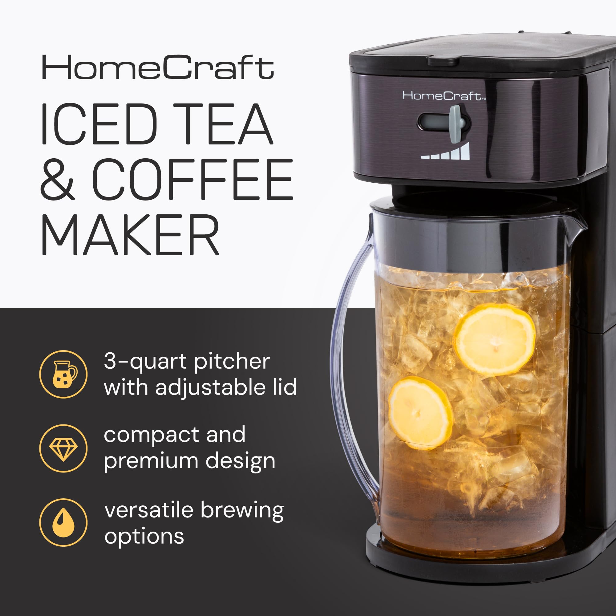 Homecraft 3-Quart Iced Coffee and Tea Maker with Removable Filter Basket, Flavor Enhancer & Adjustable Brew Strength - Perfect for Summer Drinks, Iced Tea Parties & Refreshing Cold Brew at Home