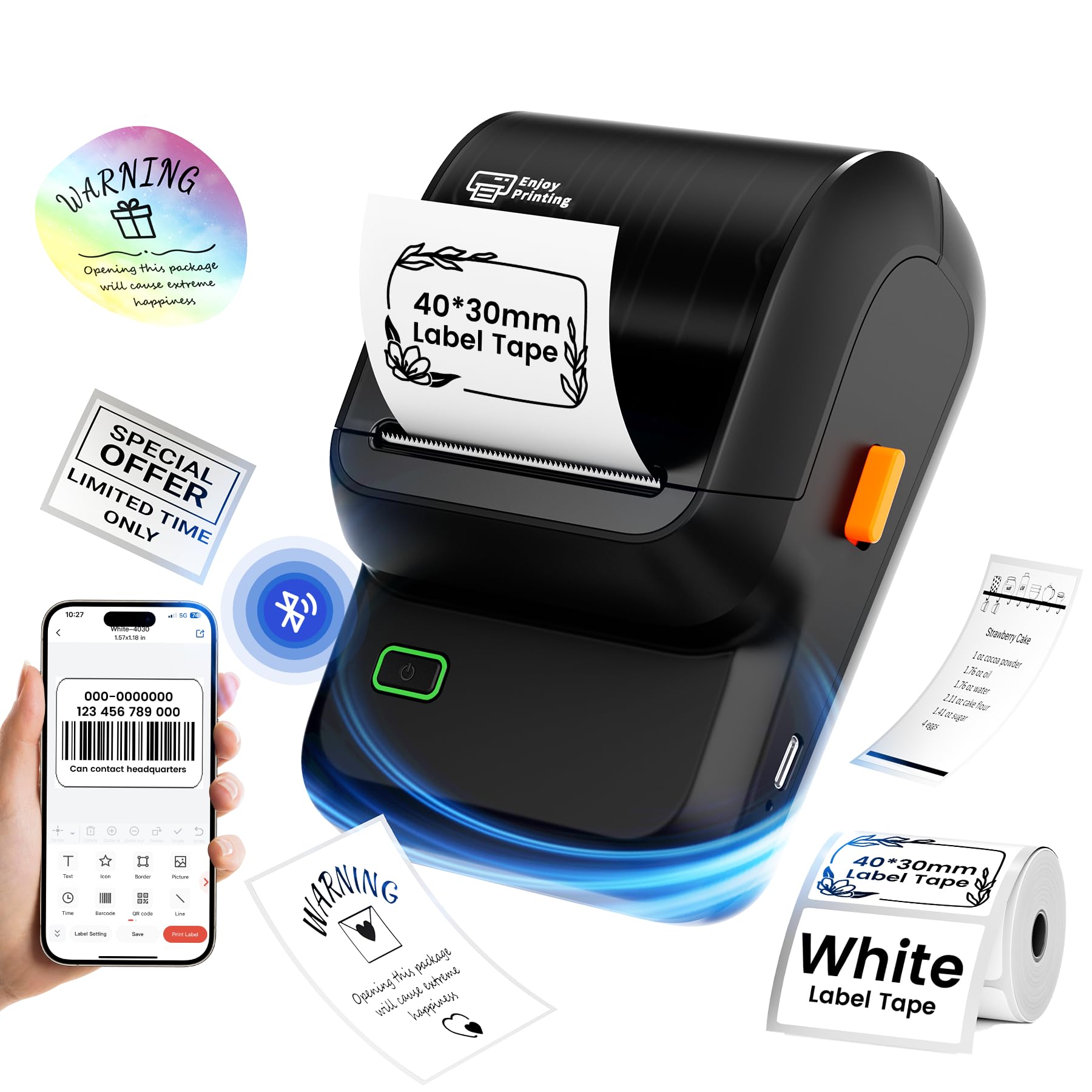 Bluetooth Label Maker Machine with Thermal Tapes - 2 Inch Portable Label Printer for Small Business | 300+ App Templates Compatible with iOS, Android & PC (Black) - Perfect for Shipping, Organizing & Inventory Management
