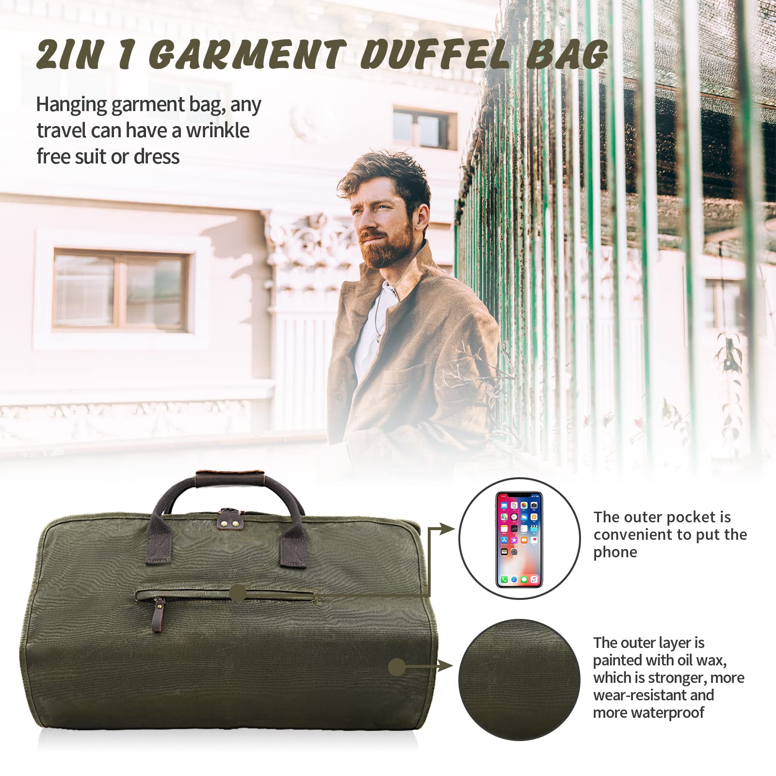 2 in 1 Canvas Leather Suit Luggage Garment Bag with Adjustable Shoulder Strap - Waxed Army Green Waterproof Travel Garment Bag for Business Trips, Weddings & Airplane Carry-On