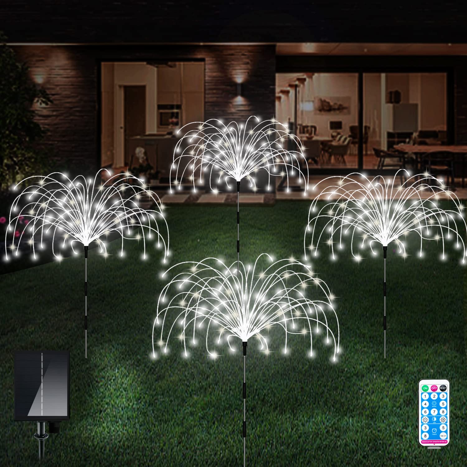 120 LED Solar Outdoor Lights, 4 Pack Waterproof Garden Lights with 8 Modes - Decorative Solar Firework Stake Lights for Backyard, Lawn, Patio, Pathway & Landscape Decor (Cool White) | Perfect for Outdoor Parties, Weddings & Holiday Lighting
