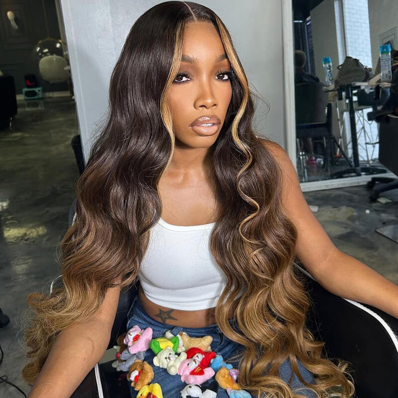 Eullair Honey Brown Skunk Stripe Body Wave Glueless Human Hair Wig with Blonde Lace Frontal - Natural Looking Wigs for Women, Daily Wear & Cosplay