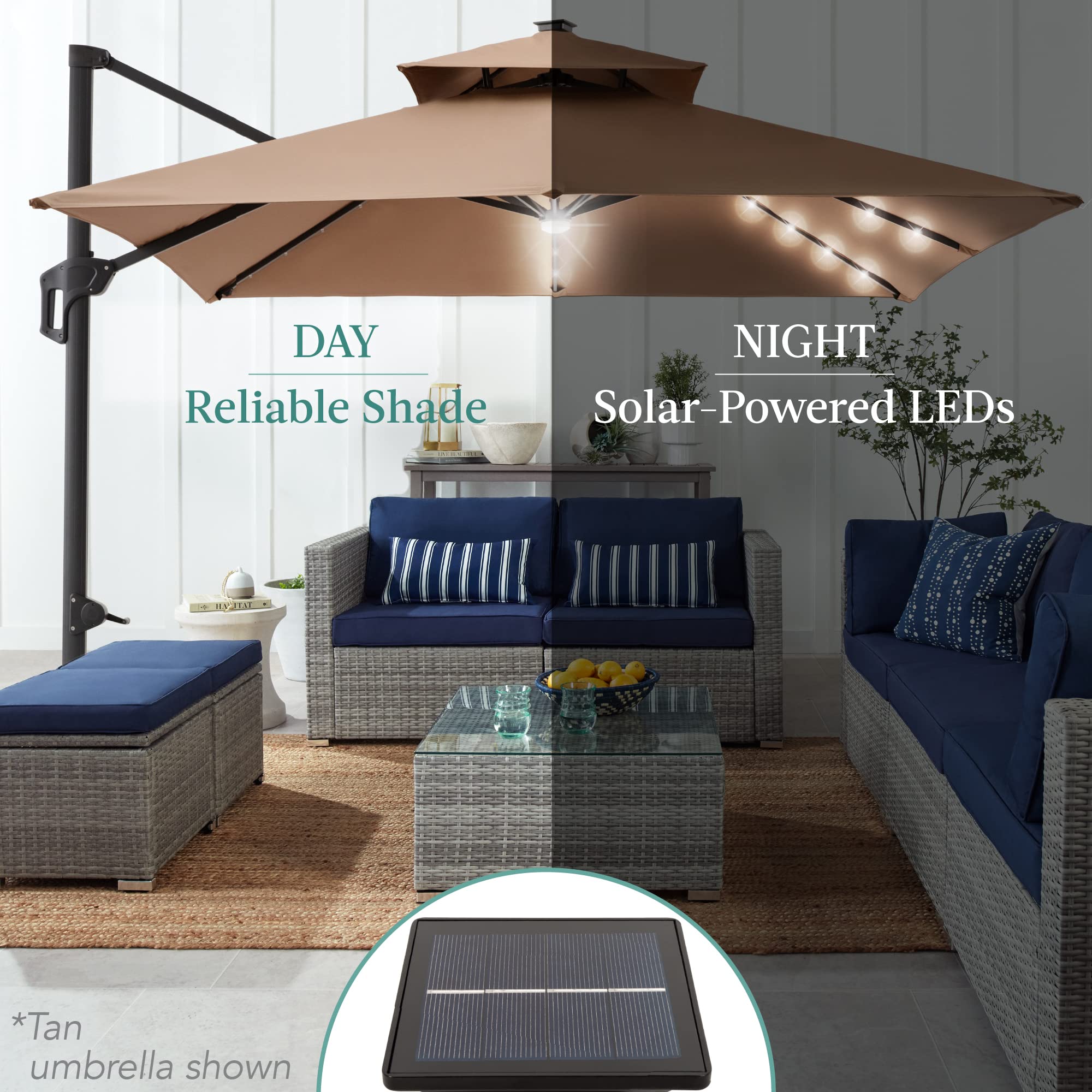Best Choice Products 10x10ft Cantilever Patio Umbrella with Base - Solar LED Lights, 360° Rotation, Large Offset Outdoor Shade for Deck, Pool, Backyard - Tan - Perfect for Sun Protection & Outdoor Relaxation