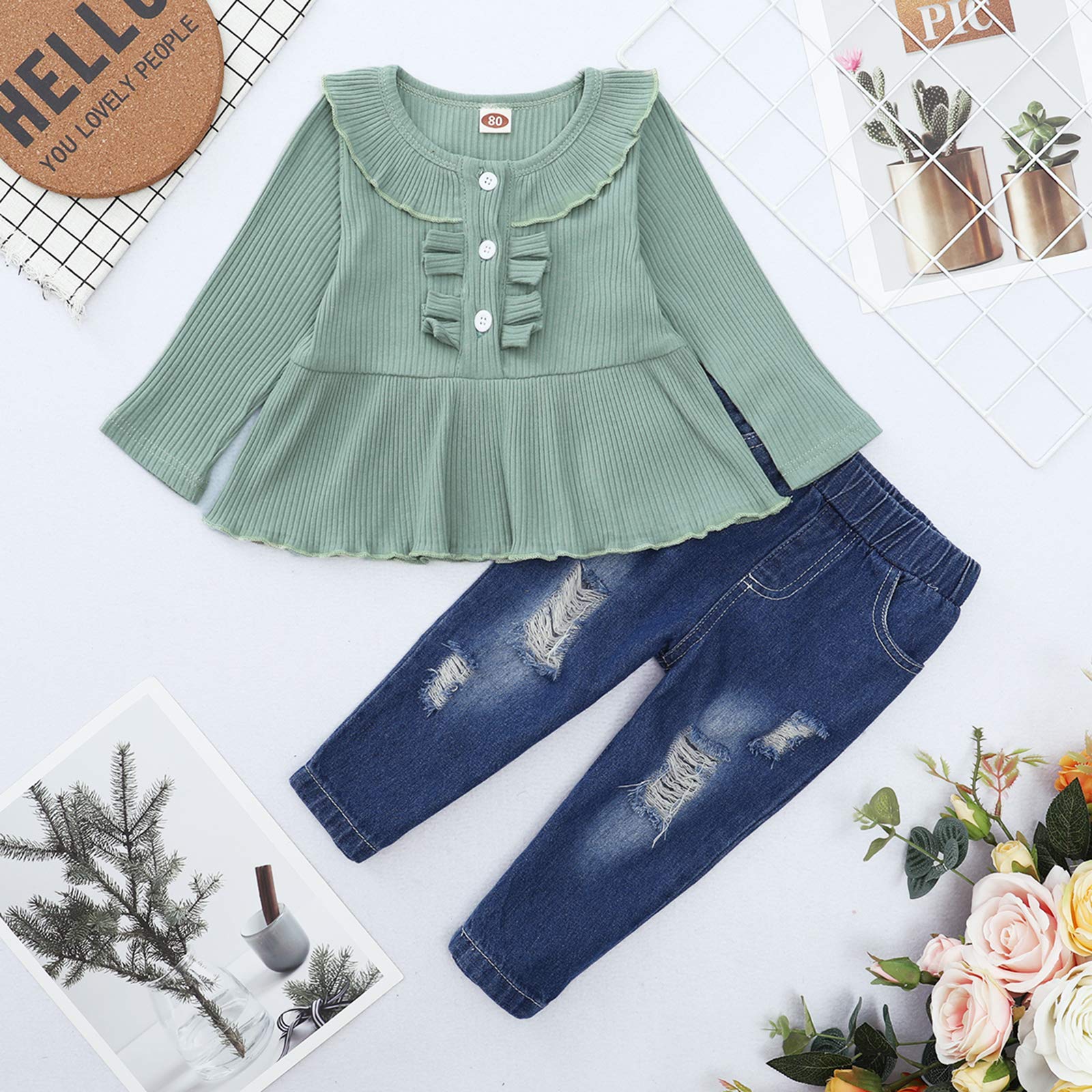 Toddler Girl Outfits - Cute Ruffle Shirt & Denim Jeans Set | Baby Girl Clothes for Fall & Winter | Perfect for Playdates, Holidays & Family Photos