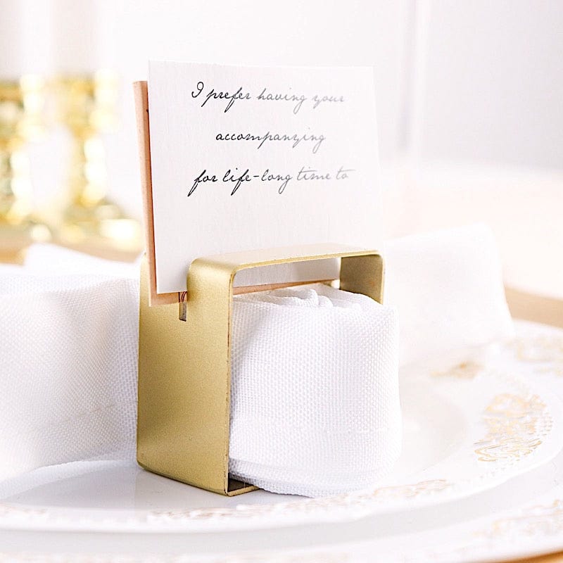 4 Pack Square Metal Napkin Rings with Place Card Holder - Elegant Matte Gold Finish for Wedding, Dinner Party & Holiday Table Decor