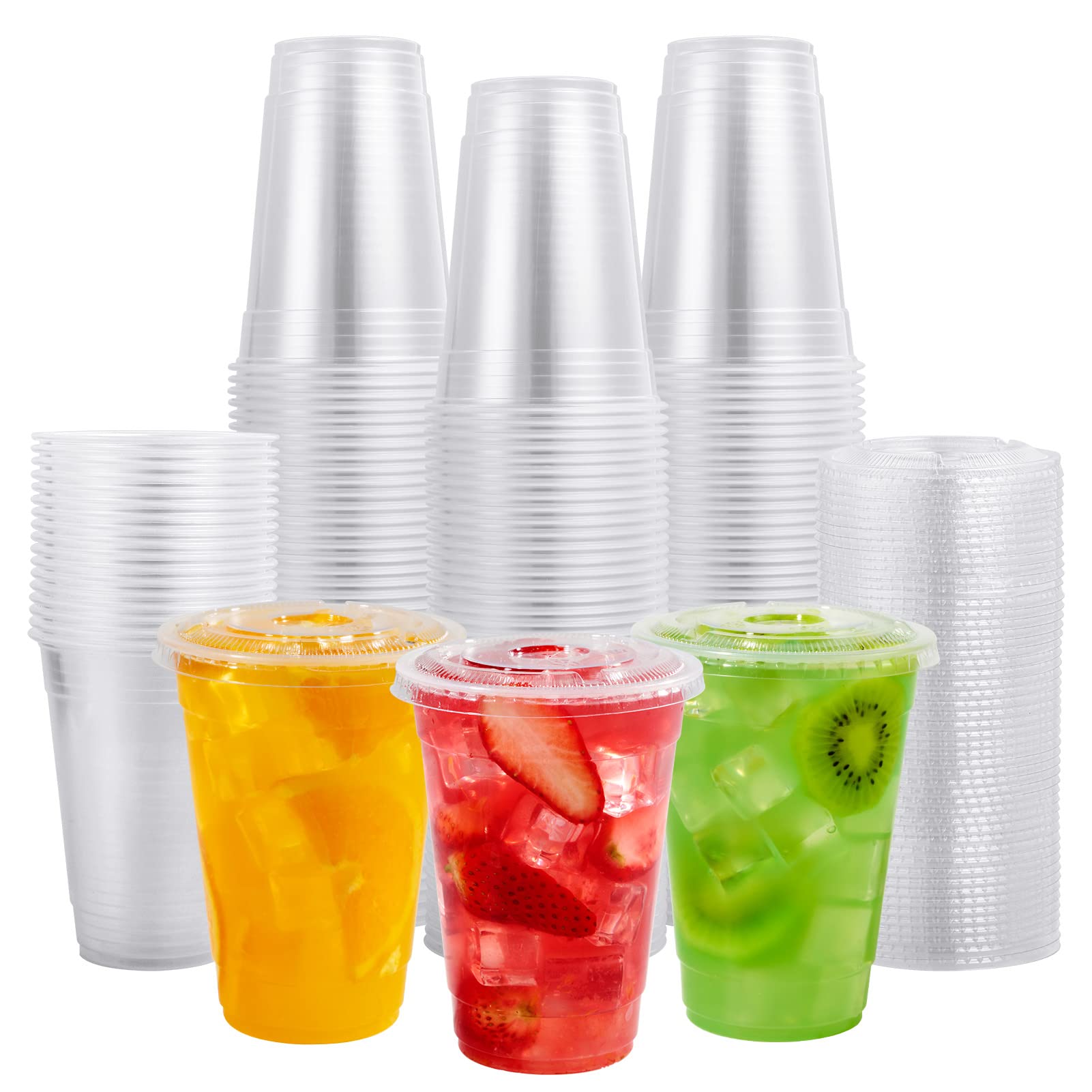 FOCUSLINE 200 Pack 16oz Clear Plastic Cups with Lids - Disposable Cold Drink Cups for Smoothies, Milkshakes, Bubble Tea, Parfait - Perfect for Parties, Restaurants, and Takeout