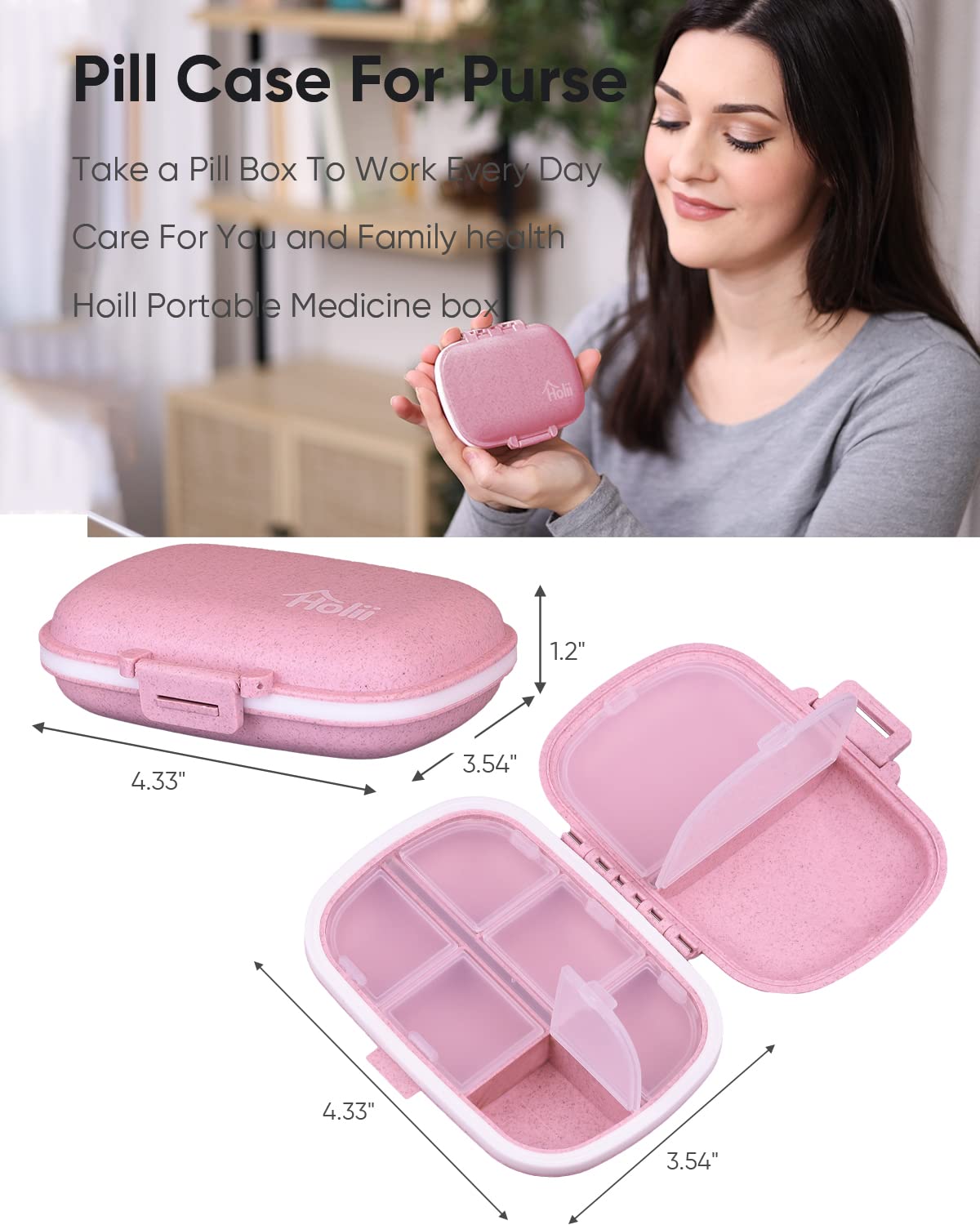 Holii 8-Compartment Travel Pill Organizer - Portable Daily Pill Case for Vitamins & Medicine - Compact Pill Container for Purse, Pocket & On-The-Go Use (Pink)