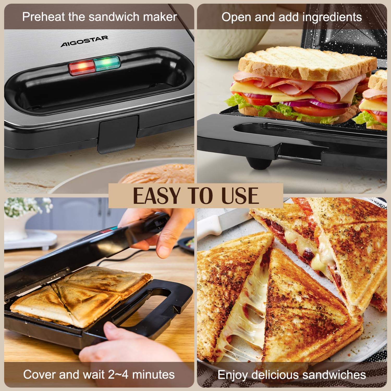Aigostar Electric Sandwich Maker with Nonstick Ceramic Plates - Panini Press, Grilled Cheese Maker & Breakfast Toaster for Tuna Melt, Omelets & Snacks - Stainless Steel Tostadora de Pan - Perfect for Quick Breakfasts, Office Lunches & Family Snack Time