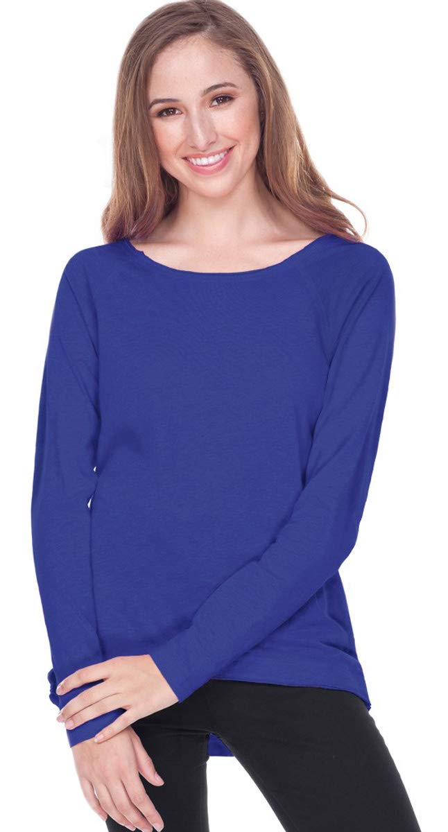 Kavio Juniors Sheer Jersey Raw Edge Scoop Neck High Low Raglan Long Sleeve T-Shirt - Trendy Casual Top for Women, Girls Fashion, Everyday Wear, Layering Outfits