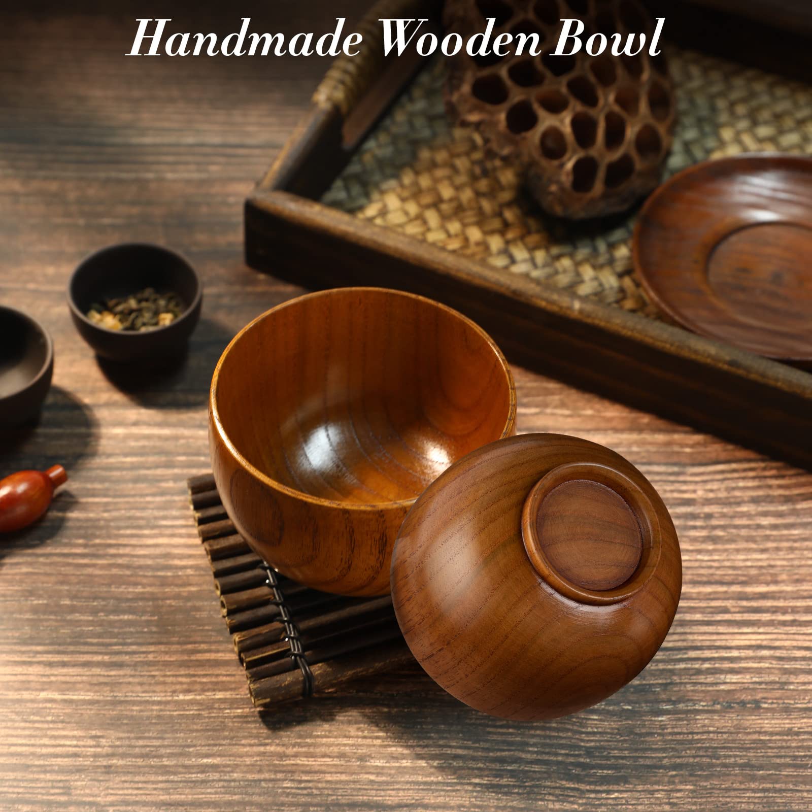 NUOMI 2-Piece Wooden Bowl Set with Wooden Spoons - Natural Small Serving Bowls for Desserts, Snacks, Soup & Salads - Perfect for Kitchen, Dining Table & Picnic Use