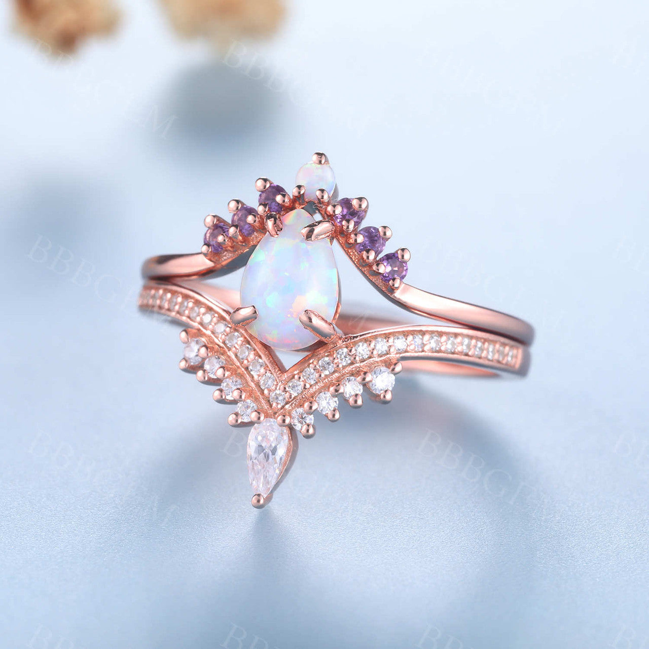 Pear Opal Engagement Ring Set - 3 Piece White Opal Wedding Band & Bridal Jewelry Set for Women, Perfect for Proposals, Anniversaries & Bridal Shower Gifts