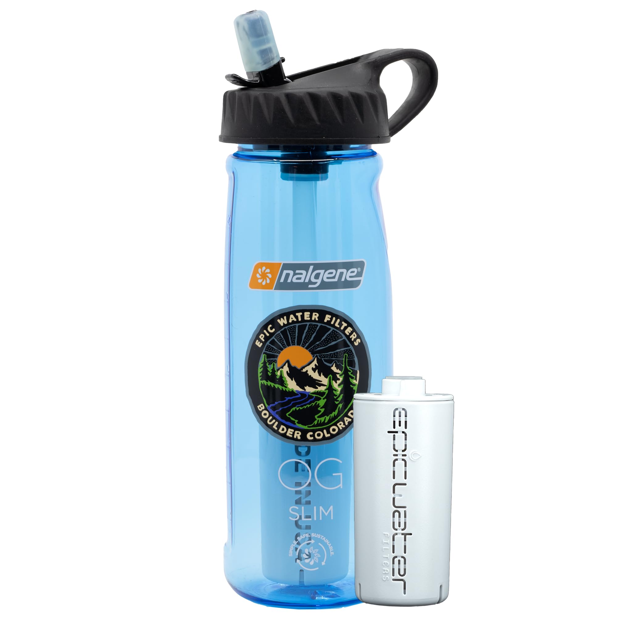 Epic Water Filters Nalgene OG Water Bottle with Built-in Filter - BPA Free, Made in USA - Removes 99.99% of Tap Water Contaminants & PFAS - 24oz Slate Blue - Perfect for Hiking, Camping & Everyday Hydration