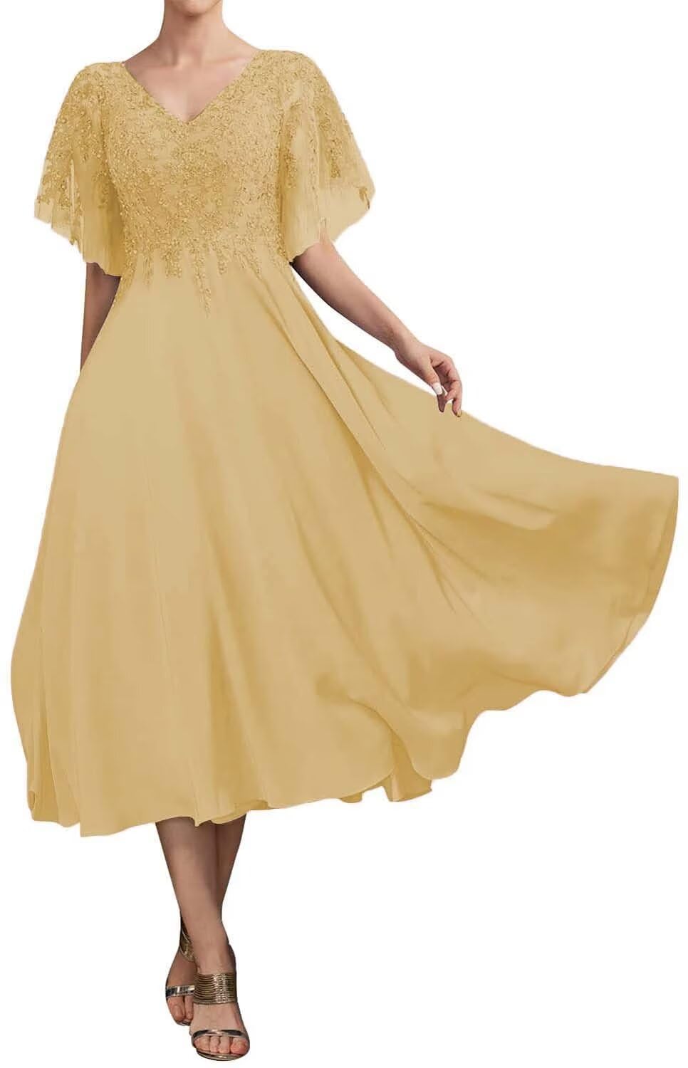 Elegant Tea Length Mother of The Bride Dress - Short Sleeve Lace Applique Wedding Gown with Sequin Details | Perfect for Wedding Ceremonies, Receptions & Formal Occasions