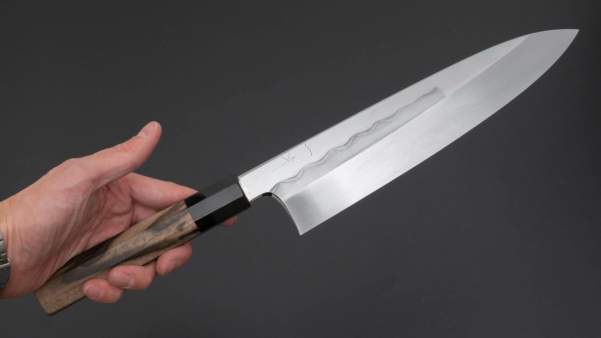 Hitohira Togashi White #1 Notaremon Mizu Honyaki Gyuto 240mm Japanese Chef Knife with Kurokaki Persimmon Handle (#085/Saya Included) - Premium Kitchen Knife for Professional Chefs & Home Cooking, Sushi, Meat Cutting