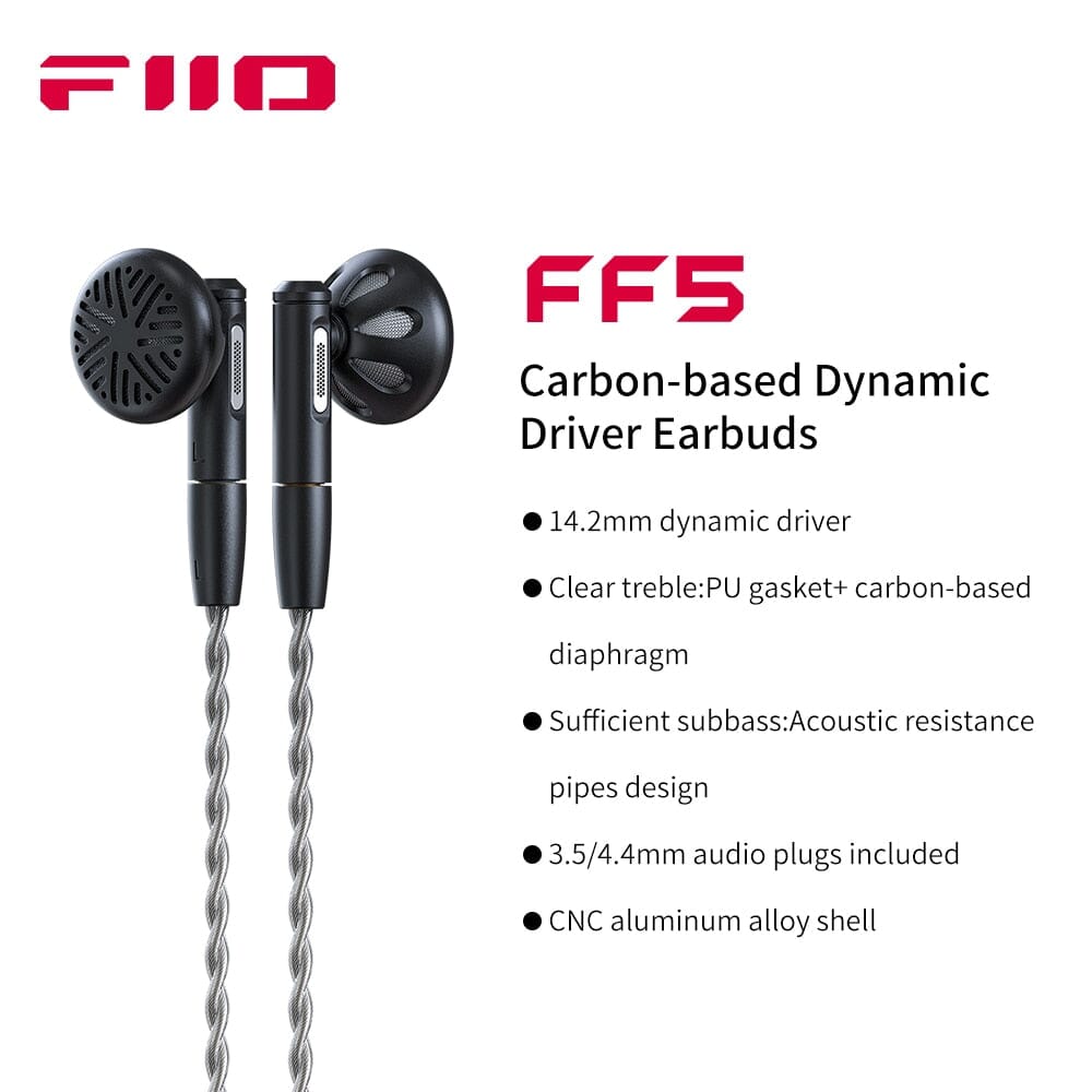 FiiO FF5 HiFi Earbuds - 14.2mm Carbon-Based Dynamic Driver, Aluminum Shell with Detachable MMCX Cable (3.5mm/4.4mm) for Audiophiles - Perfect for Music Listening, Gaming & Travel