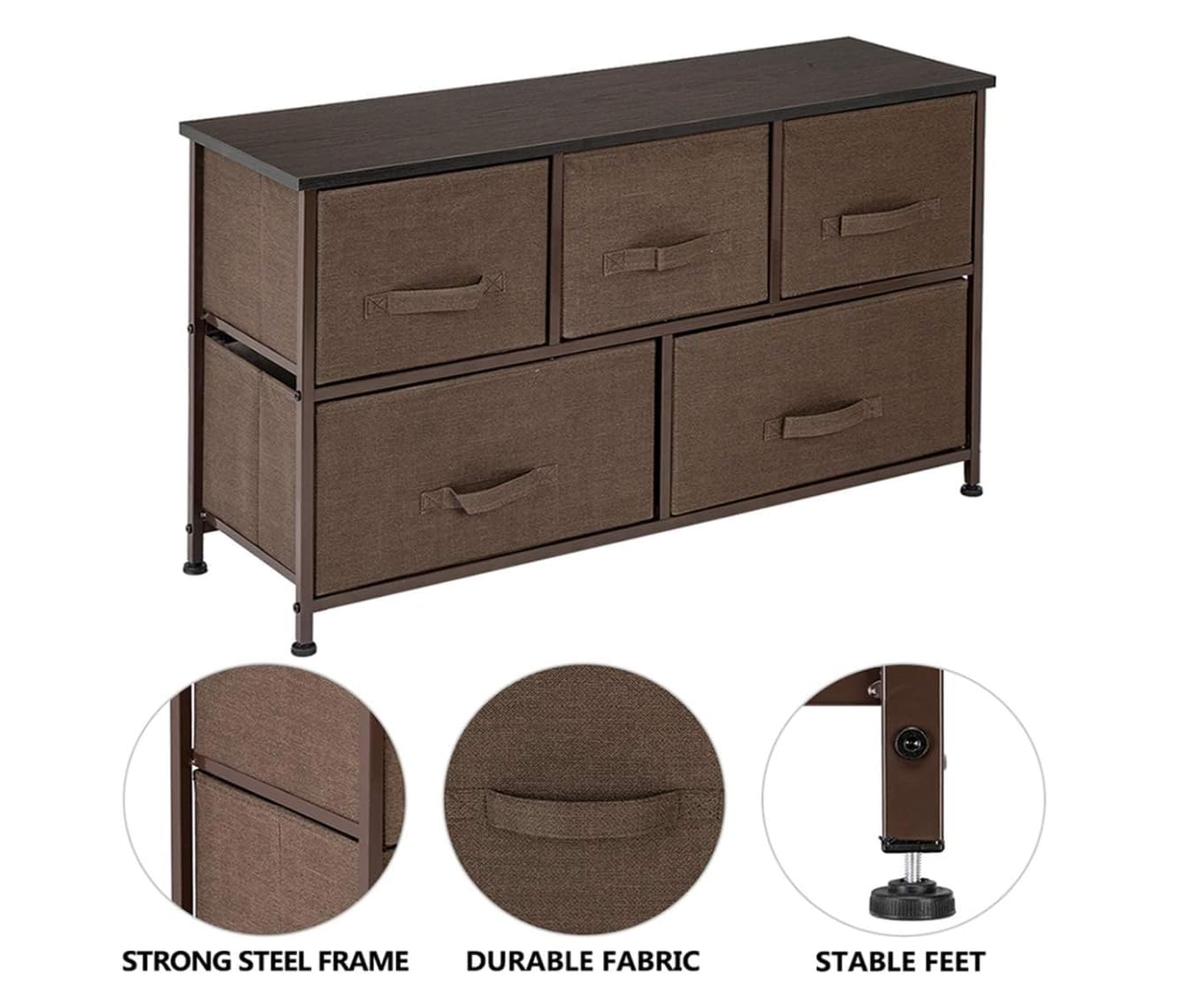 2-Tier Wide Closet Dresser with 5 Fabric Drawers - Nursery Dresser Tower, Metal Frame Storage Organizer for Bedroom, Closet & Nursery - Brown Simple Market Basket Stand by MITPATY | Space-Saving Home Organization Solution