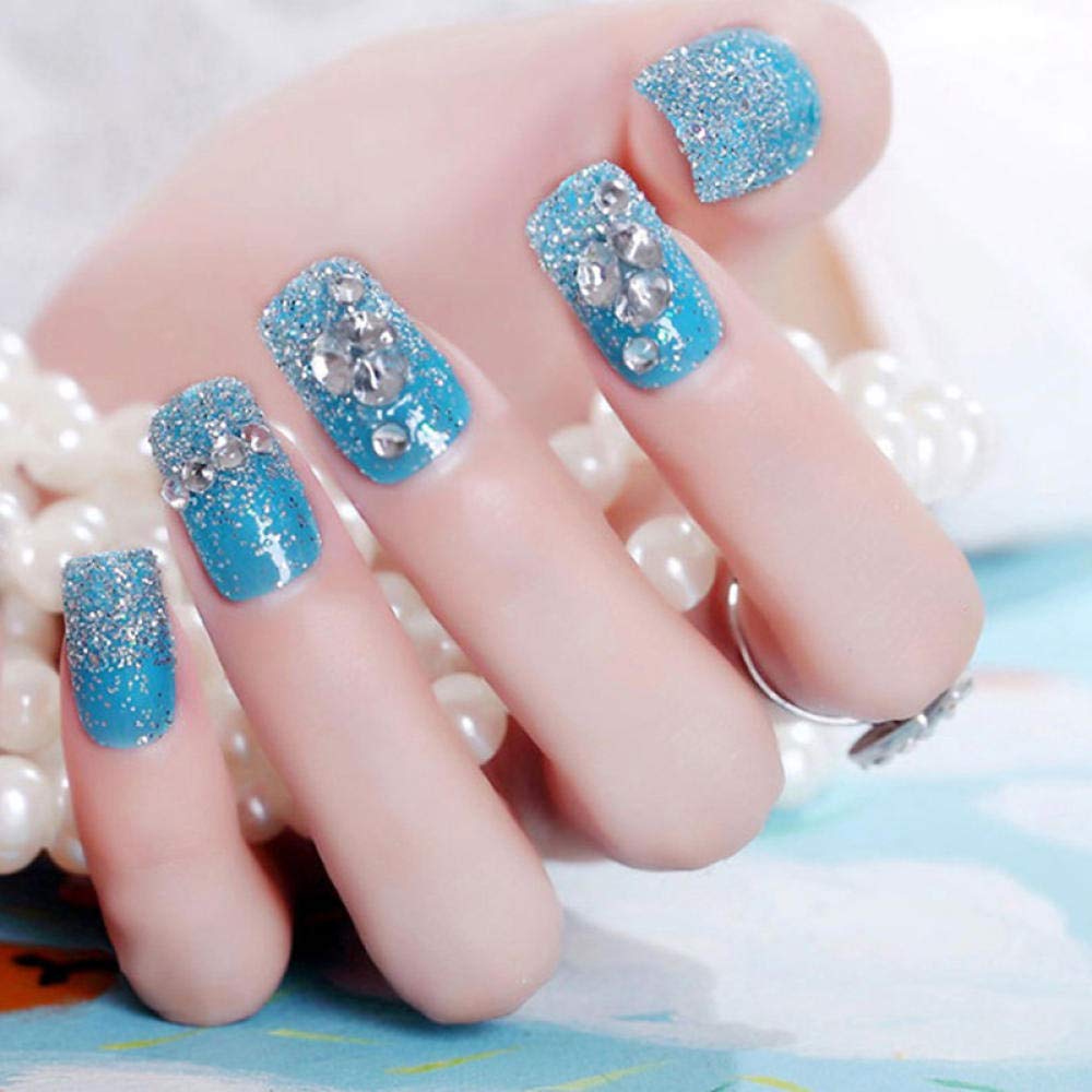 HUJL False Nails - Short Rhinestone Wedding Fake Nails for Bride, 3D Copper Blue Artificial Nail Tips with Full Wrap Design | Perfect for Bridal Showers, Weddings, and Special Occasions
