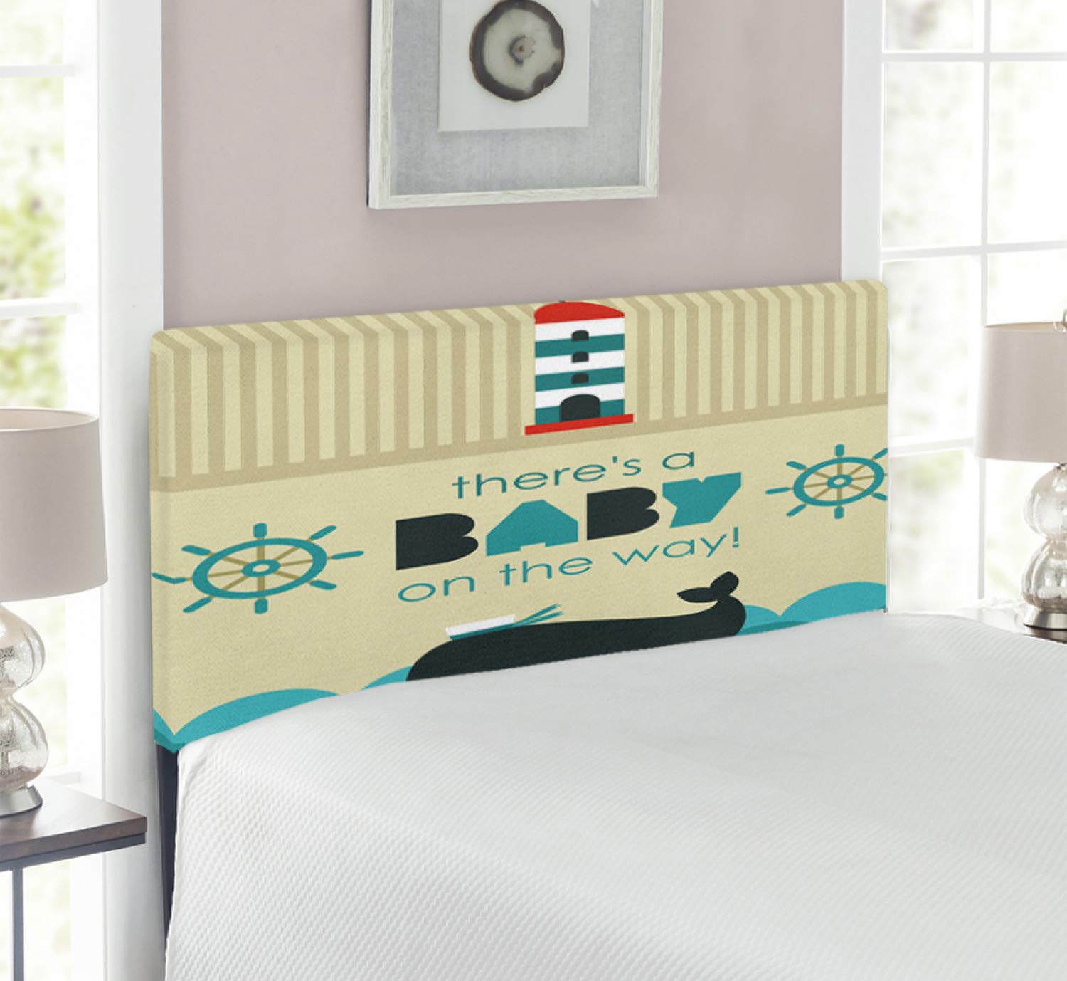 Ambesonne Reveal Party Headboard - 'Little One on The Way' Nautical Theme with Dolphin & Ship Wheel Design - Upholstered Metal Bed Headboard with Memory Foam - Twin Size in Dark Blue, Khaki & Teal - Perfect for Baby Showers, Nursery Decor & Coastal Themed Bedrooms