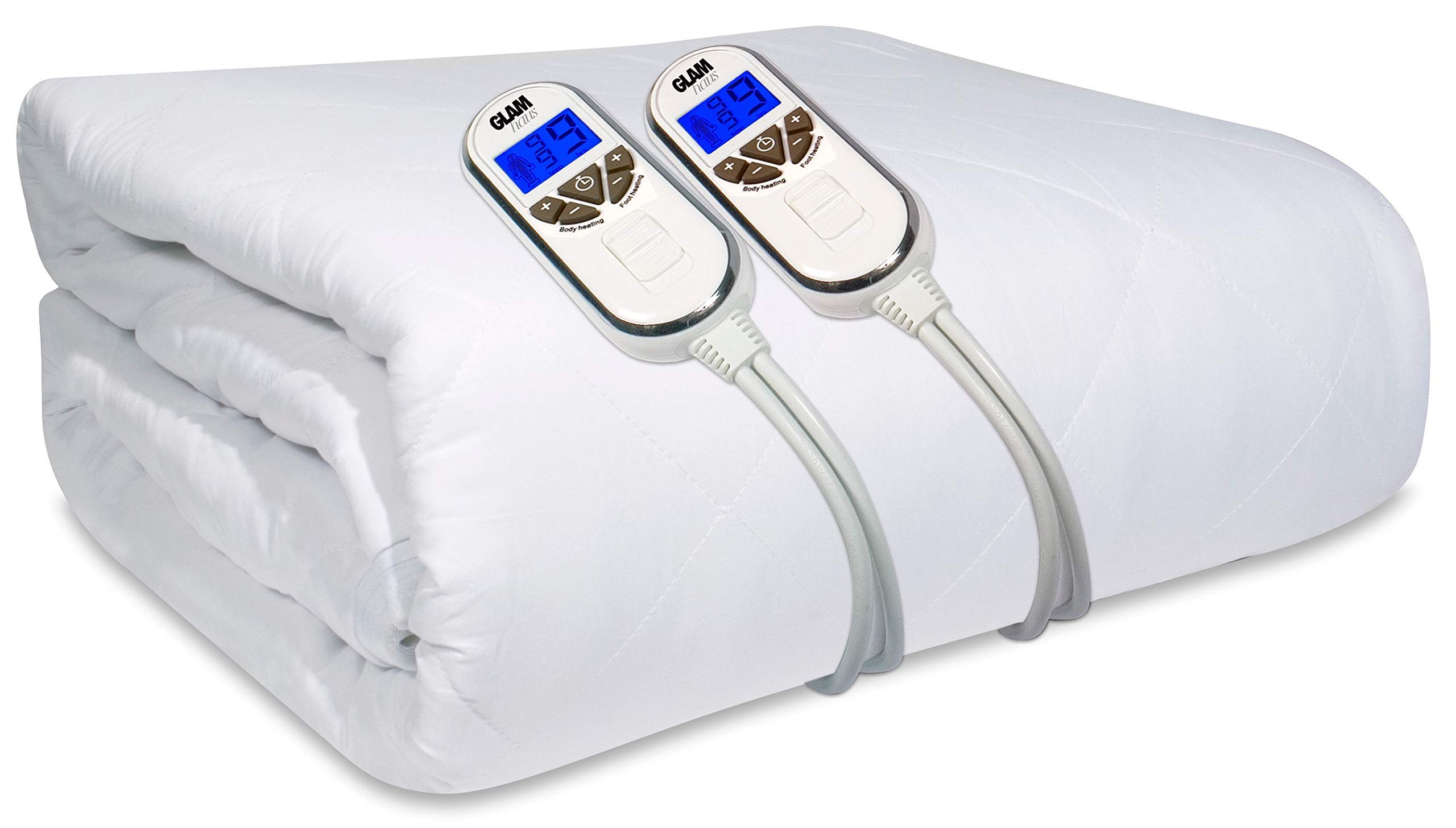 GlamHaus King Size Electric Blanket with Dual Control - Premium White Diamond Quilted Heated Mattress Pad with Elastic Skirt - 10 Heat & Timer Settings - Machine Washable - Perfect for Winter Warmth & Cozy Nights