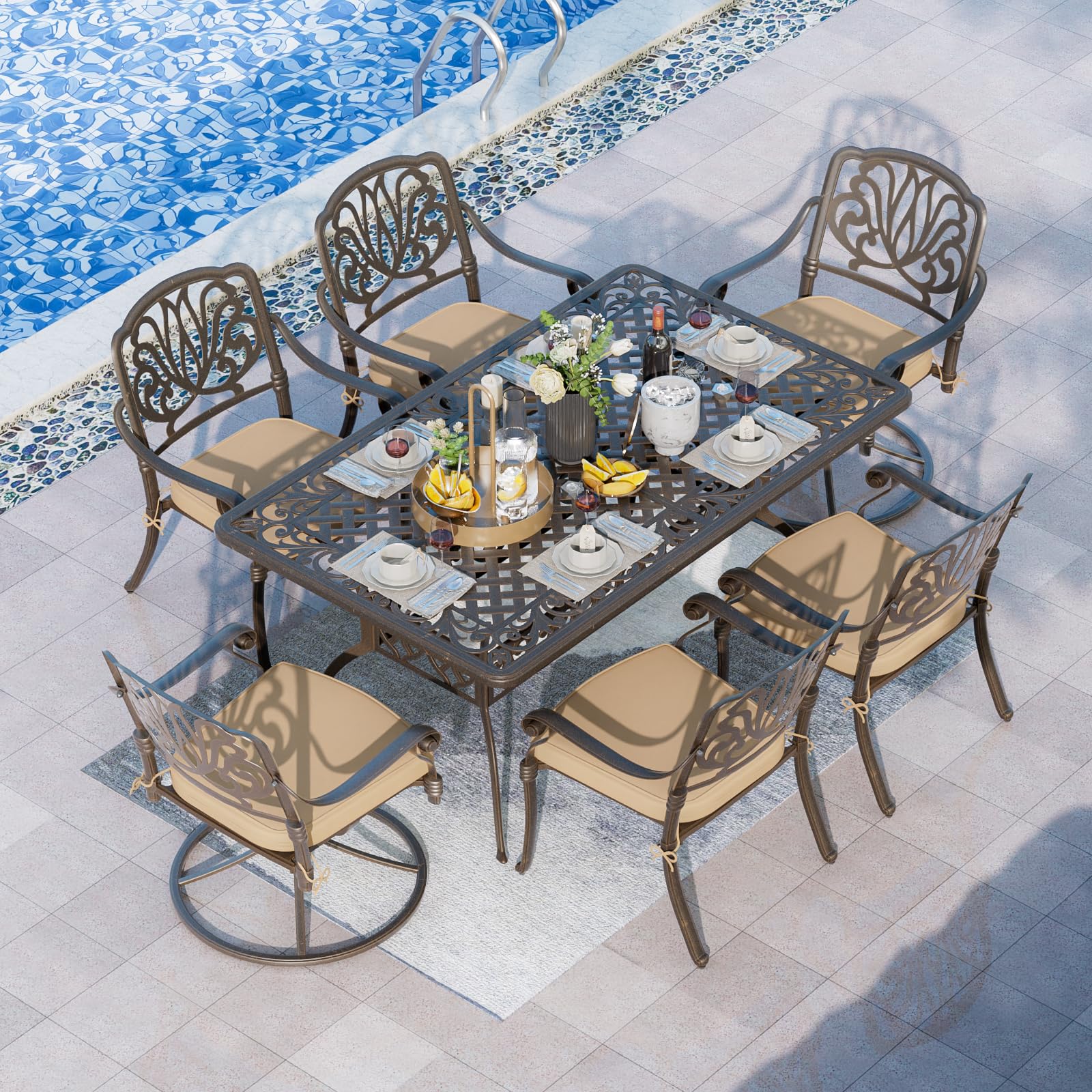 Grepatio 7-Piece Patio Dining Set - Outdoor Cast Aluminum Furniture with 4 Chairs, 2 Swivel Chairs & Umbrella Hole Table - Includes 6 Cushions (Khaki) - Perfect for Backyard, Garden, Poolside & Outdoor Entertaining