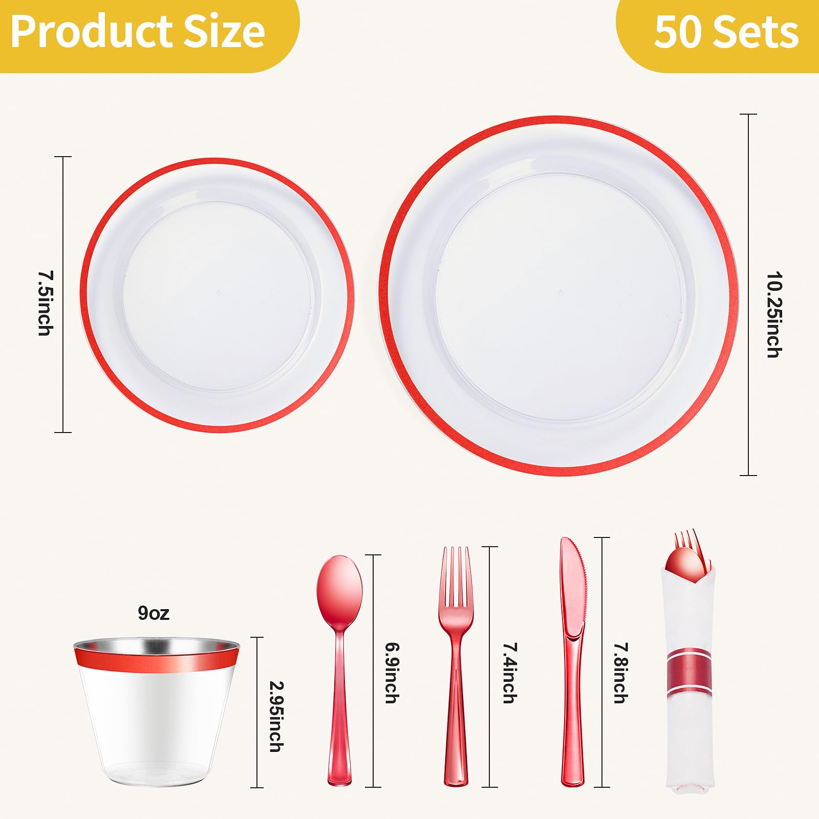 Goodluck 350-Piece Red Plastic Party Dinnerware Set - Disposable Plates, Cups & Cutlery for 50 Guests | Includes 50 Dinner Plates, 50 Dessert Plates, 50 Pre-Rolled Napkins with Utensils & 50 Cups | Perfect for Birthday Parties, Weddings, BBQs & Events