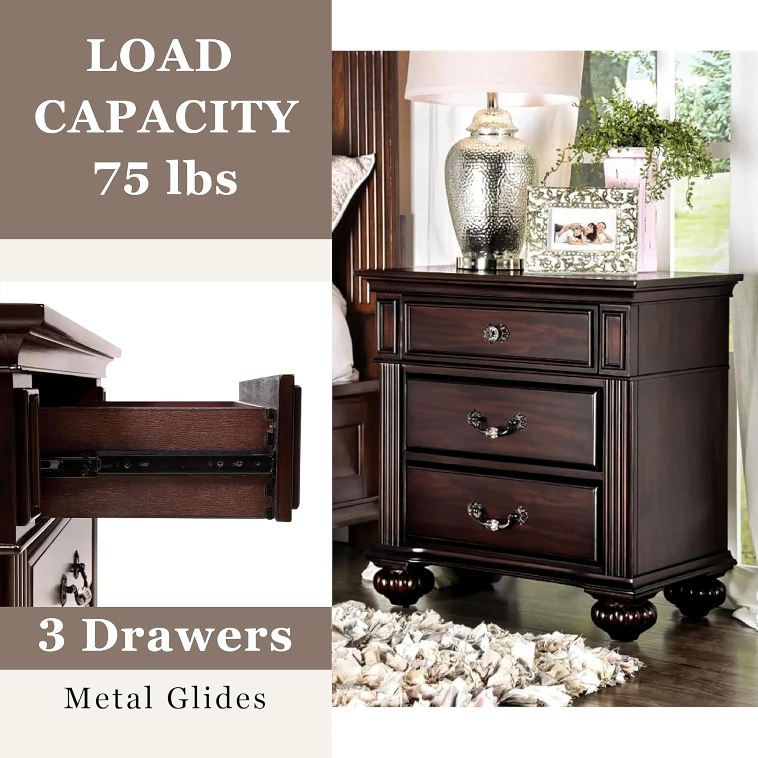HOMES: Inside + Out ioHOMES Chaidari 3-Drawer Nightstand, Dark Walnut - Stylish Bedroom Furniture for Small Spaces, Modern Nightstand with Storage for Bedside Organization